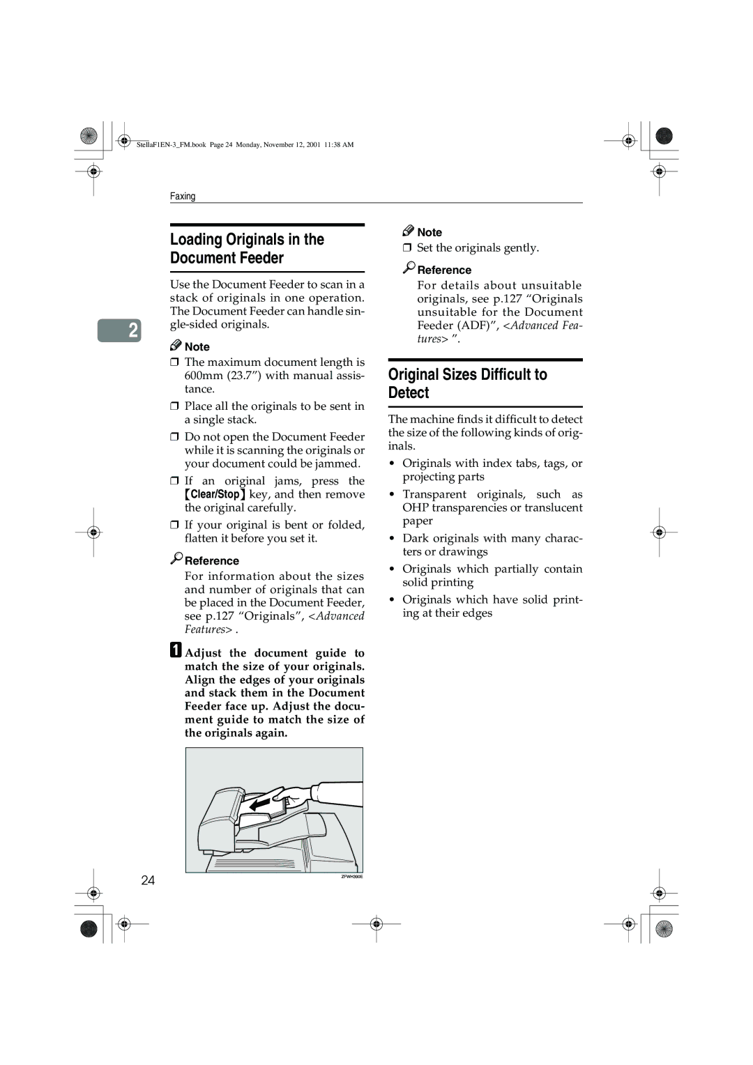 Savin 3725, LF310, F9103 Loading Originals, Document Feeder, Original Sizes Difficult to Detect, Set the originals gently 