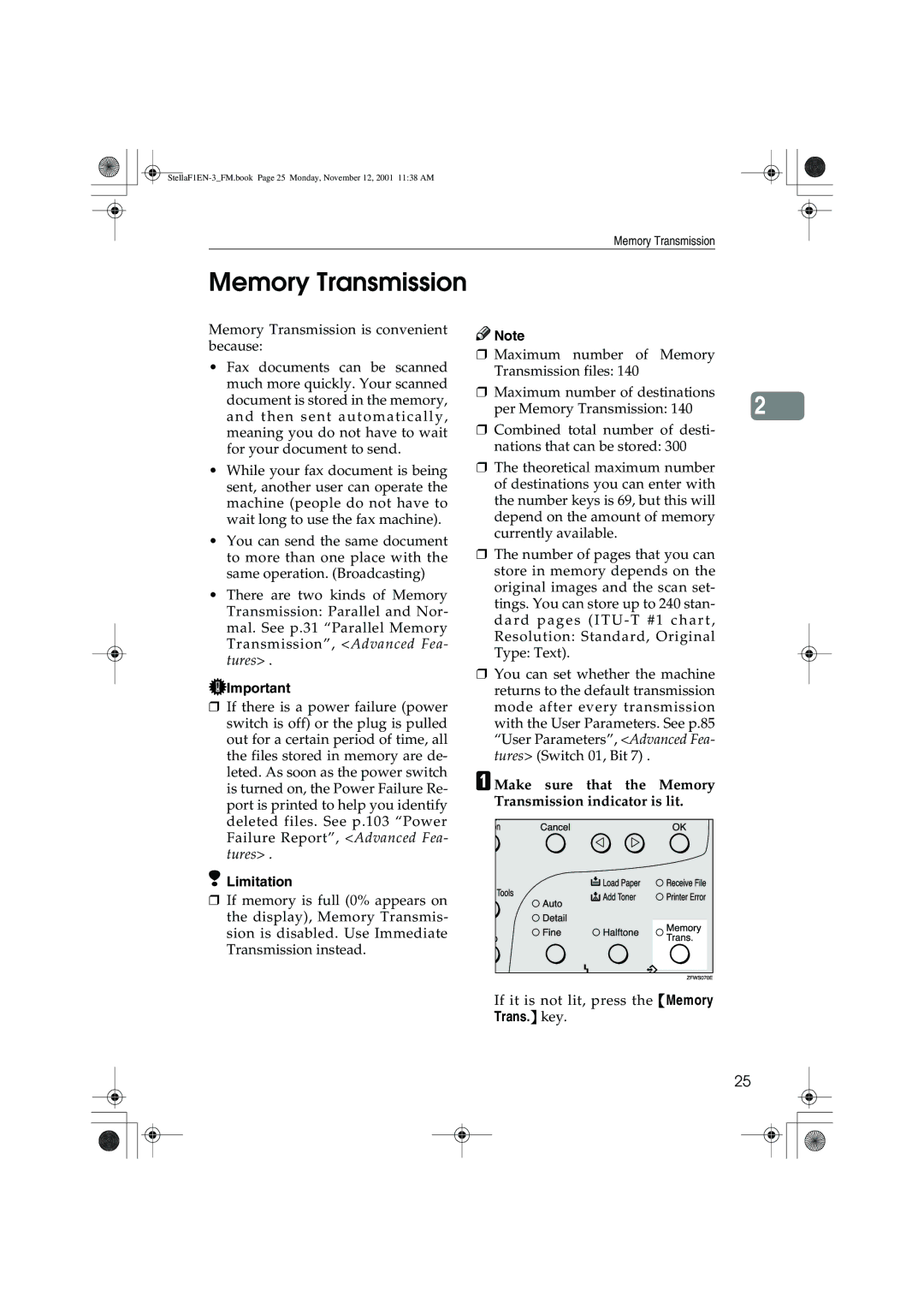 Savin 3310L, LF310, F9103, 3725 manual Make sure that the Memory Transmission indicator is lit 