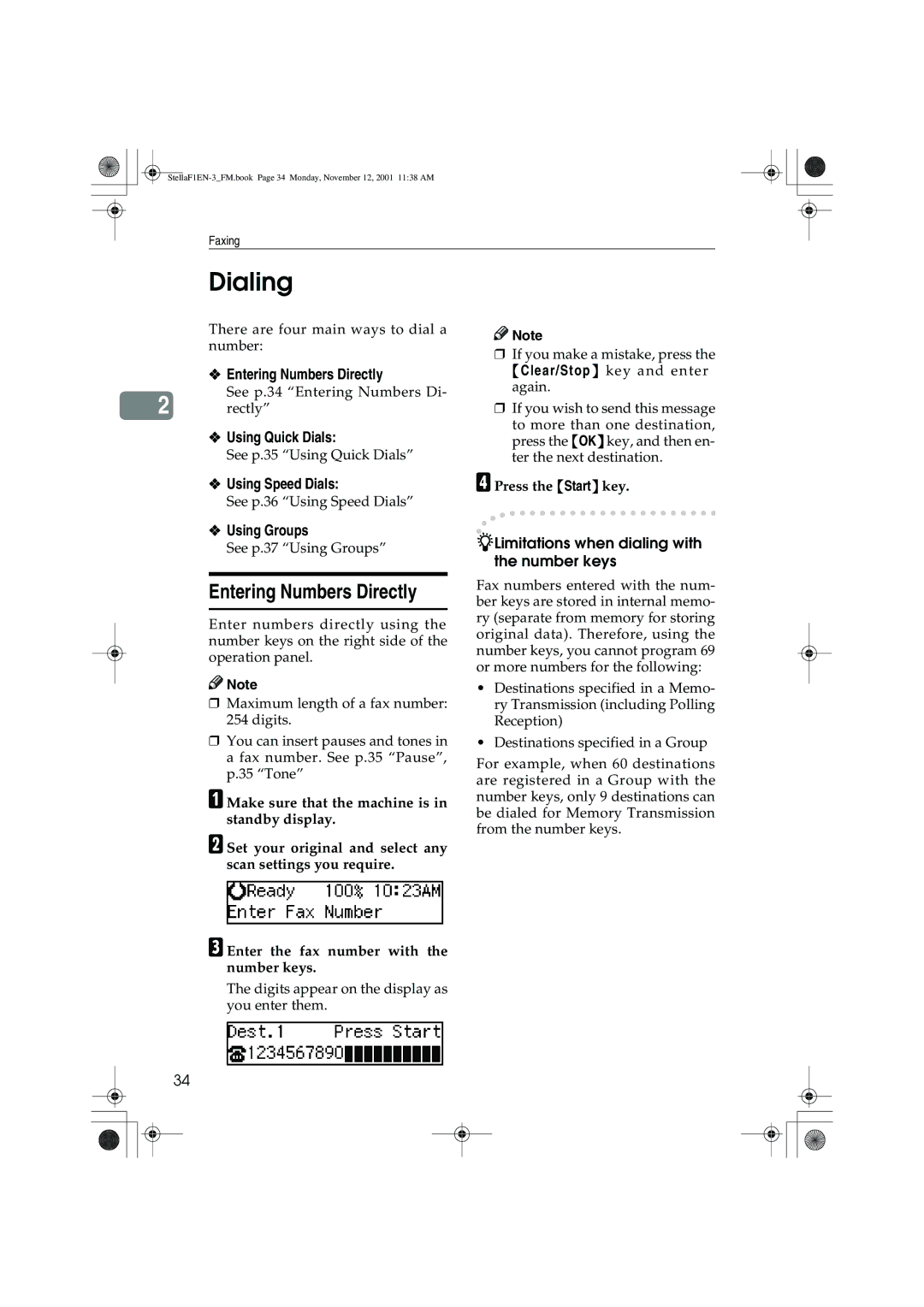 Savin LF310, F9103, 3725, 3310L manual Dialing, Entering Numbers Directly 