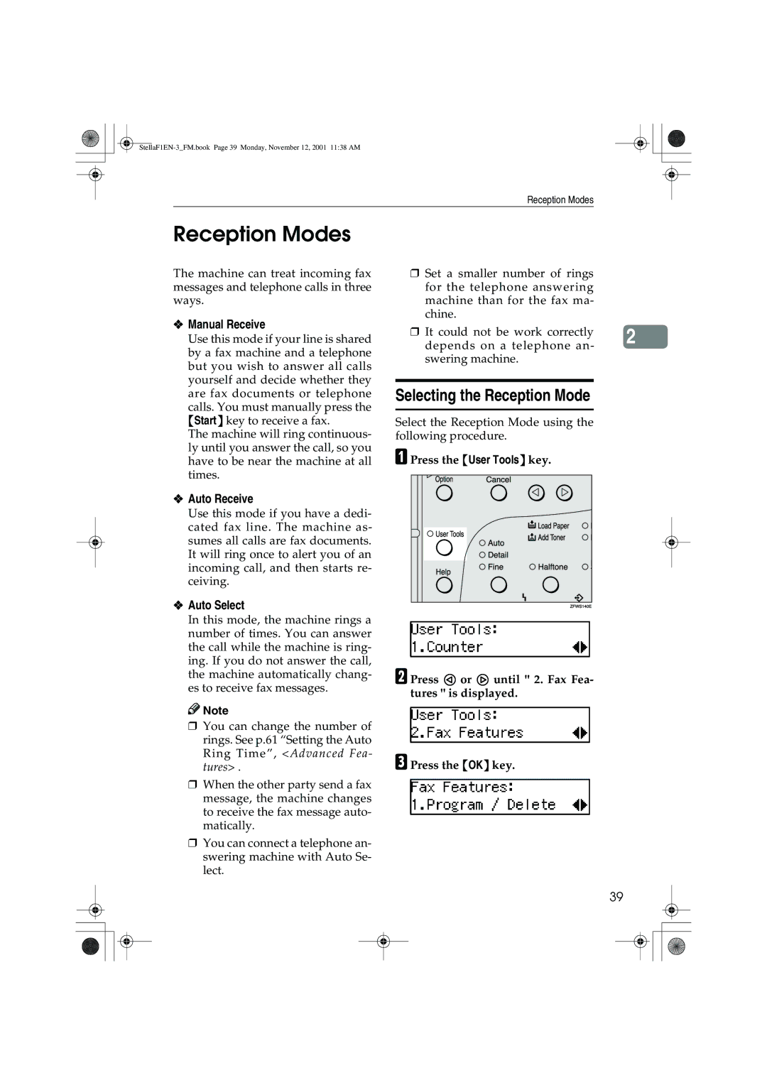 Savin F9103, LF310, 3725, 3310L Reception Modes, Selecting the Reception Mode, Manual Receive, Auto Receive, Auto Select 