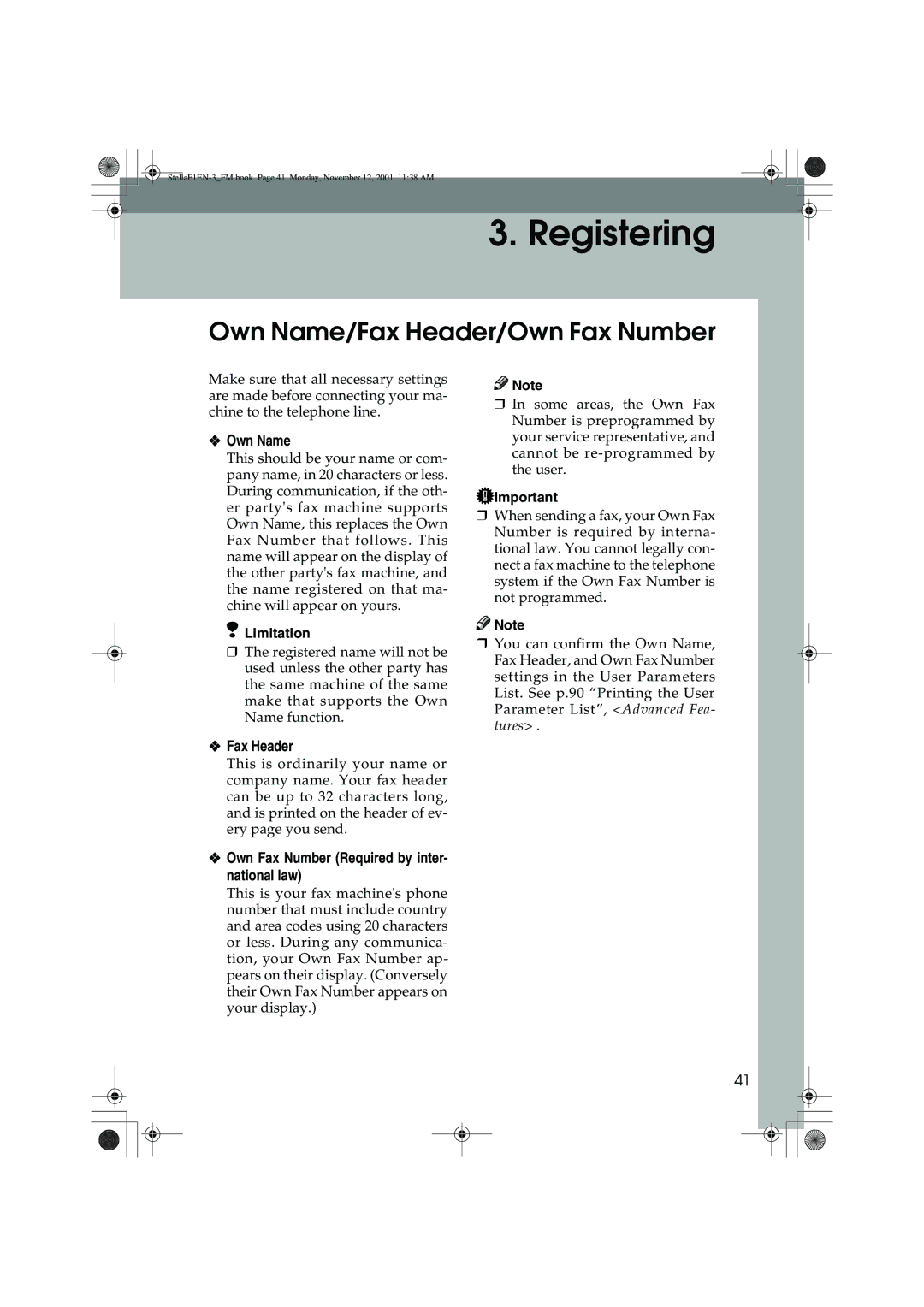 Savin 3310L, LF310, F9103, 3725 manual Own Name/Fax Header/Own Fax Number, Own Fax Number Required by inter- national law 