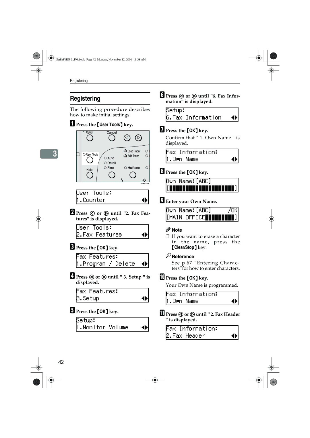 Savin LF310, F9103, 3725, 3310L manual Registering, Press the OK key Enter your Own Name, Clear/Stop key Reference 