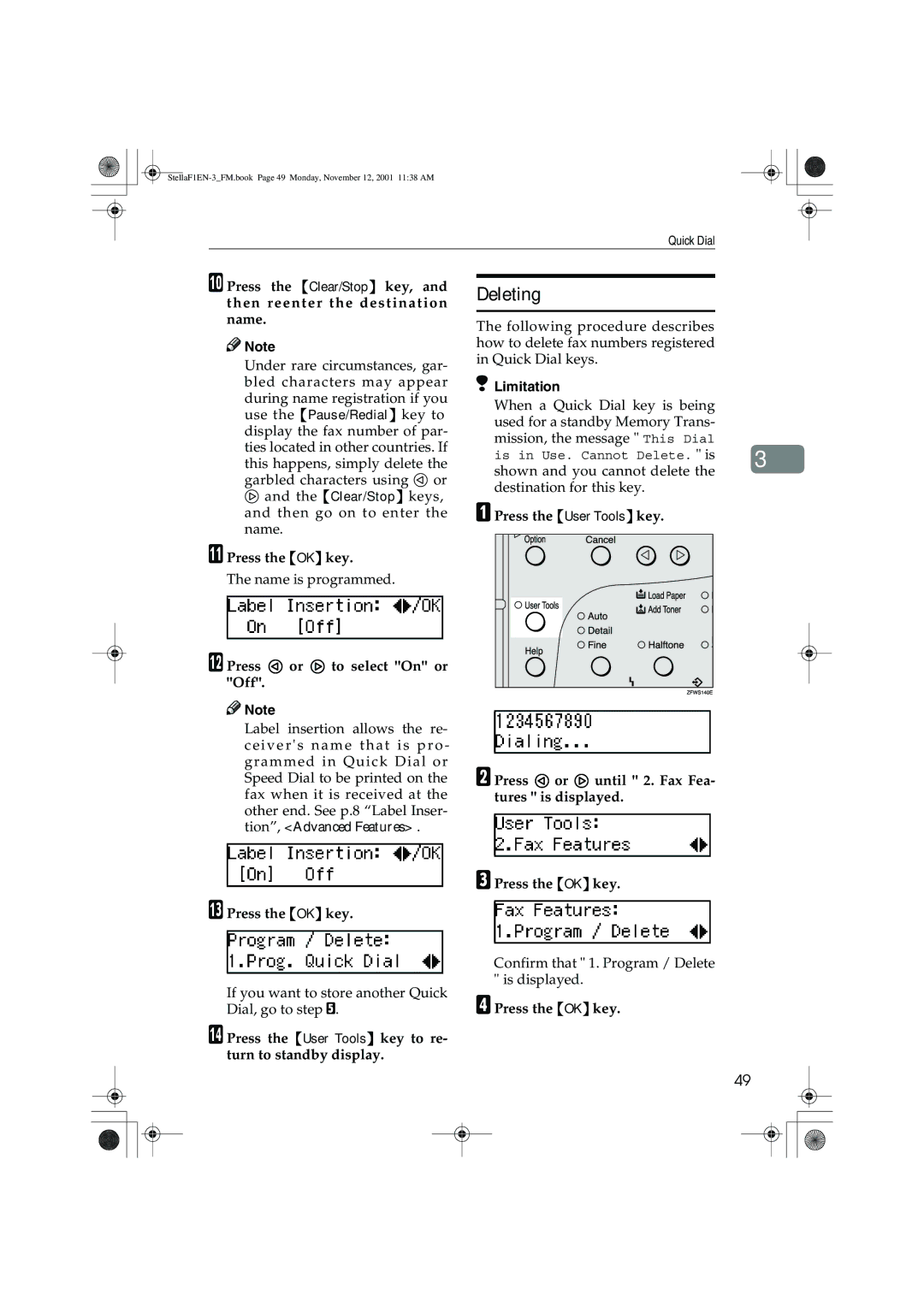 Savin 3310L, LF310, F9103, 3725 manual Shown and you cannot delete Destination for this key 