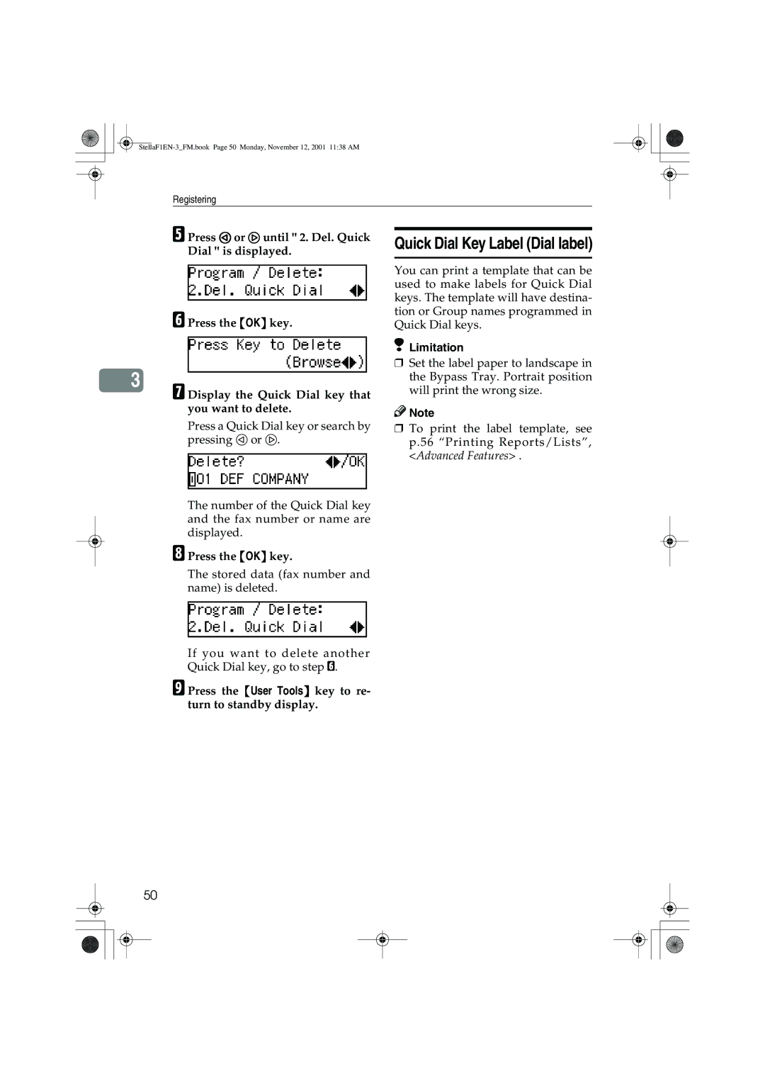 Savin LF310, F9103, 3725, 3310L manual Quick Dial Key Label Dial label 