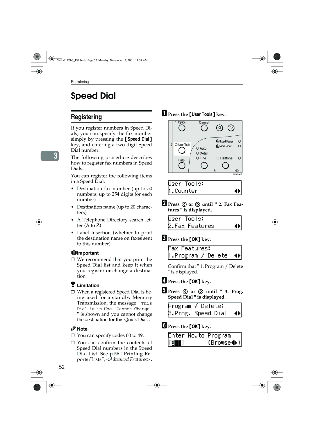 Savin 3725, LF310, F9103, 3310L manual Speed Dial, Registering 