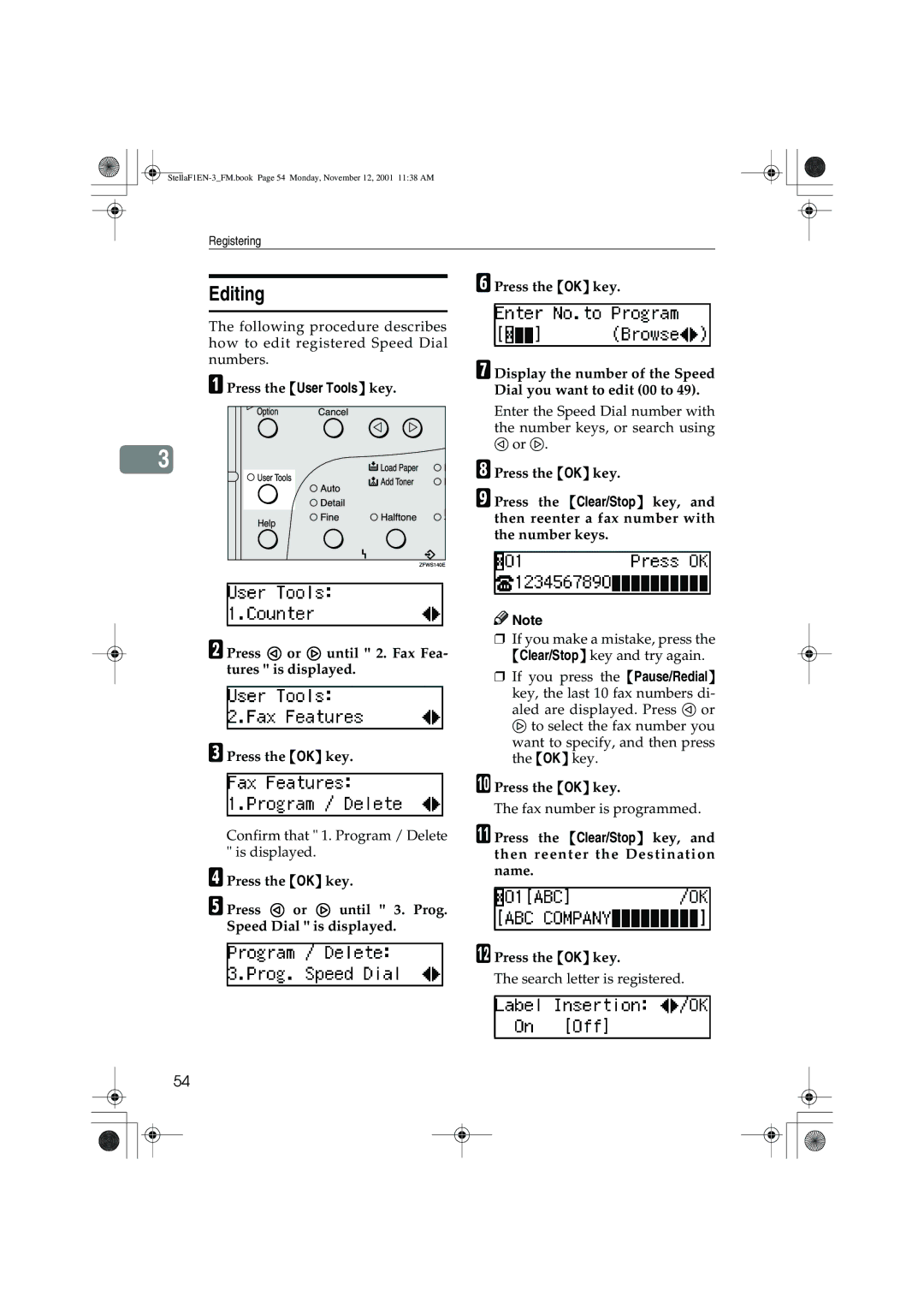 Savin LF310, F9103, 3725, 3310L manual Editing 