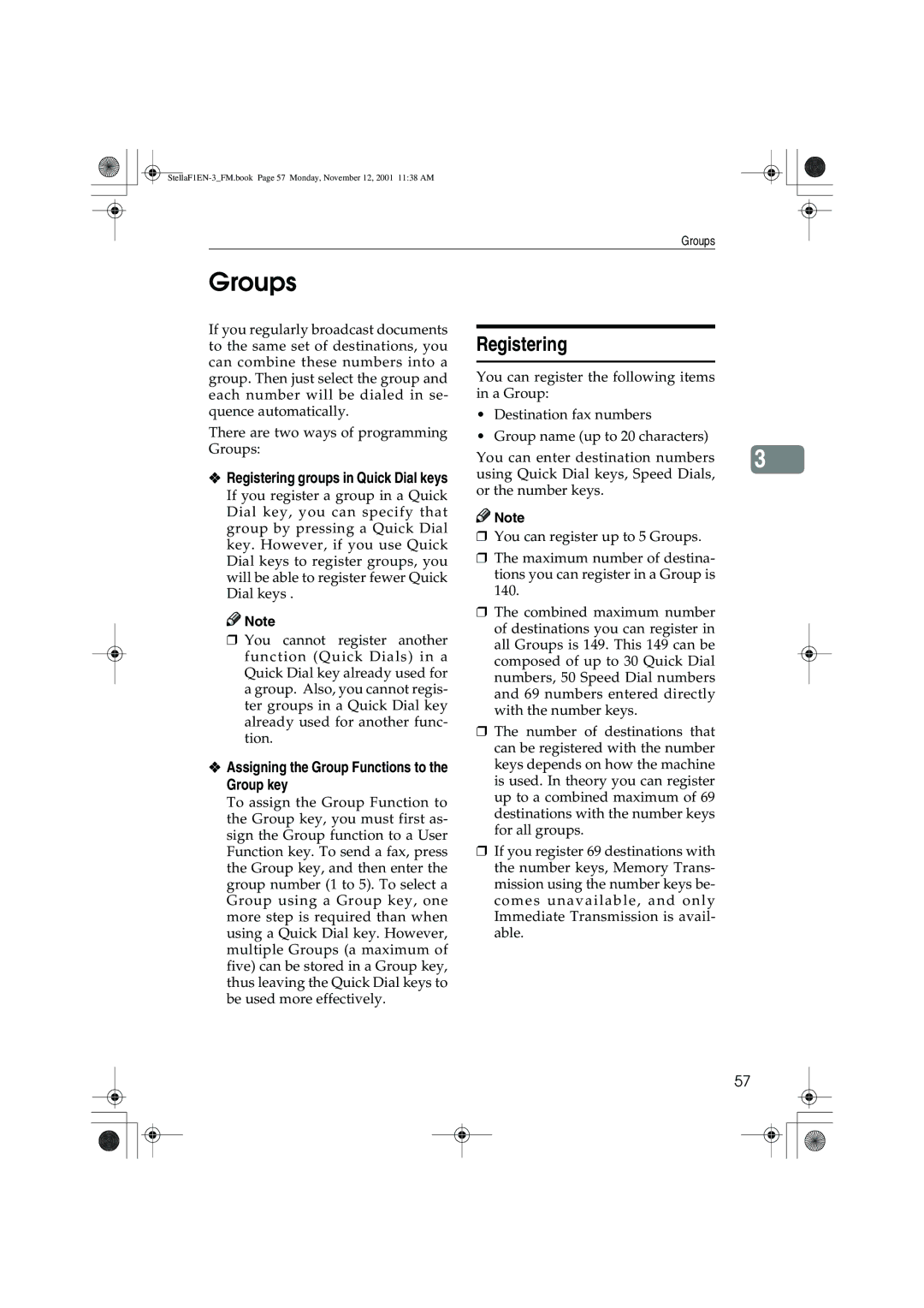 Savin 3310L, LF310, F9103 Groups, Assigning the Group Functions to the Group key, Registering groups in Quick Dial keys 