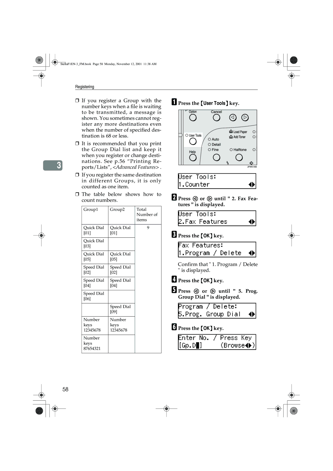 Savin LF310, F9103, 3725, 3310L manual Confirm that 1. Program / Delete is displayed 