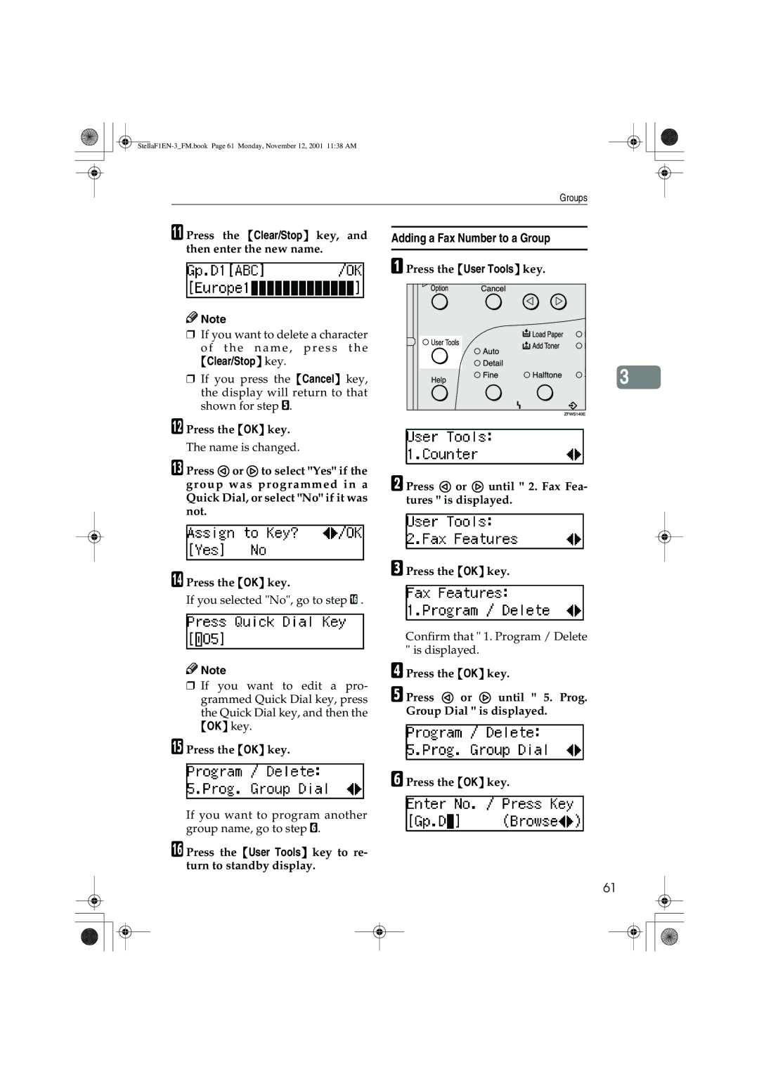 Savin 3310L, LF310, F9103, 3725 manual Adding a Fax Number to a Group, Press the Clear/Stop key, and then enter the new name 