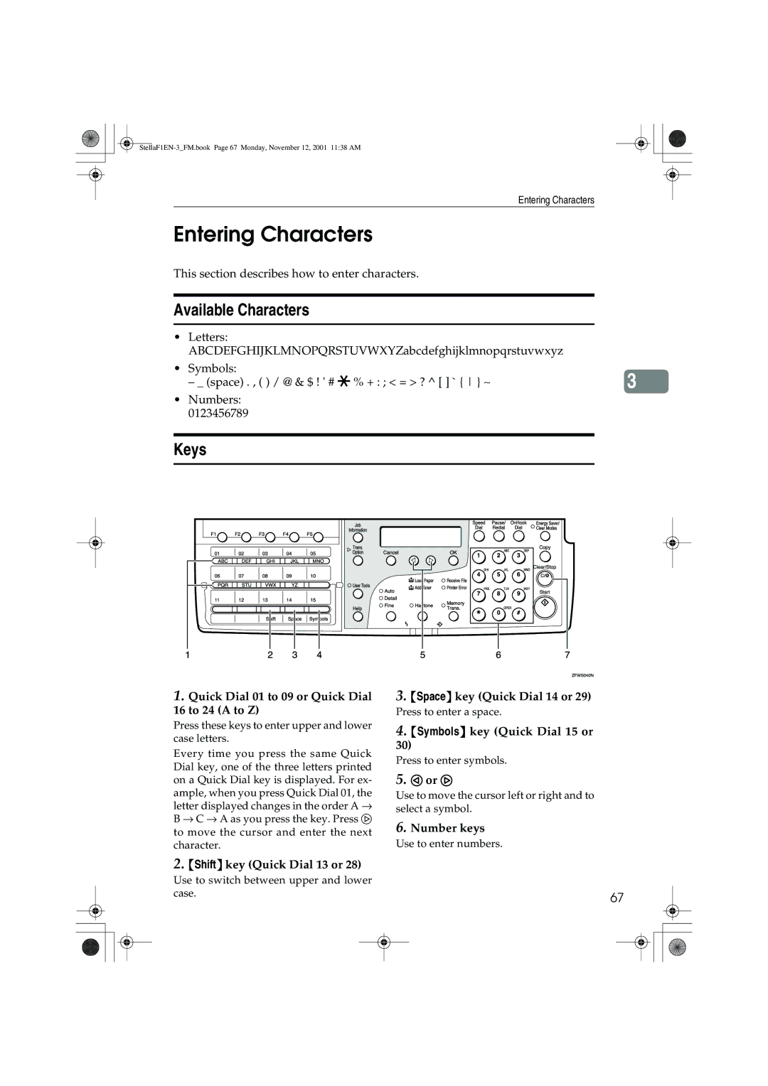 Savin F9103, LF310, 3725 Entering Characters, Available Characters, Keys, Quick Dial 01 to 09 or Quick Dial 16 to 24 a to Z 