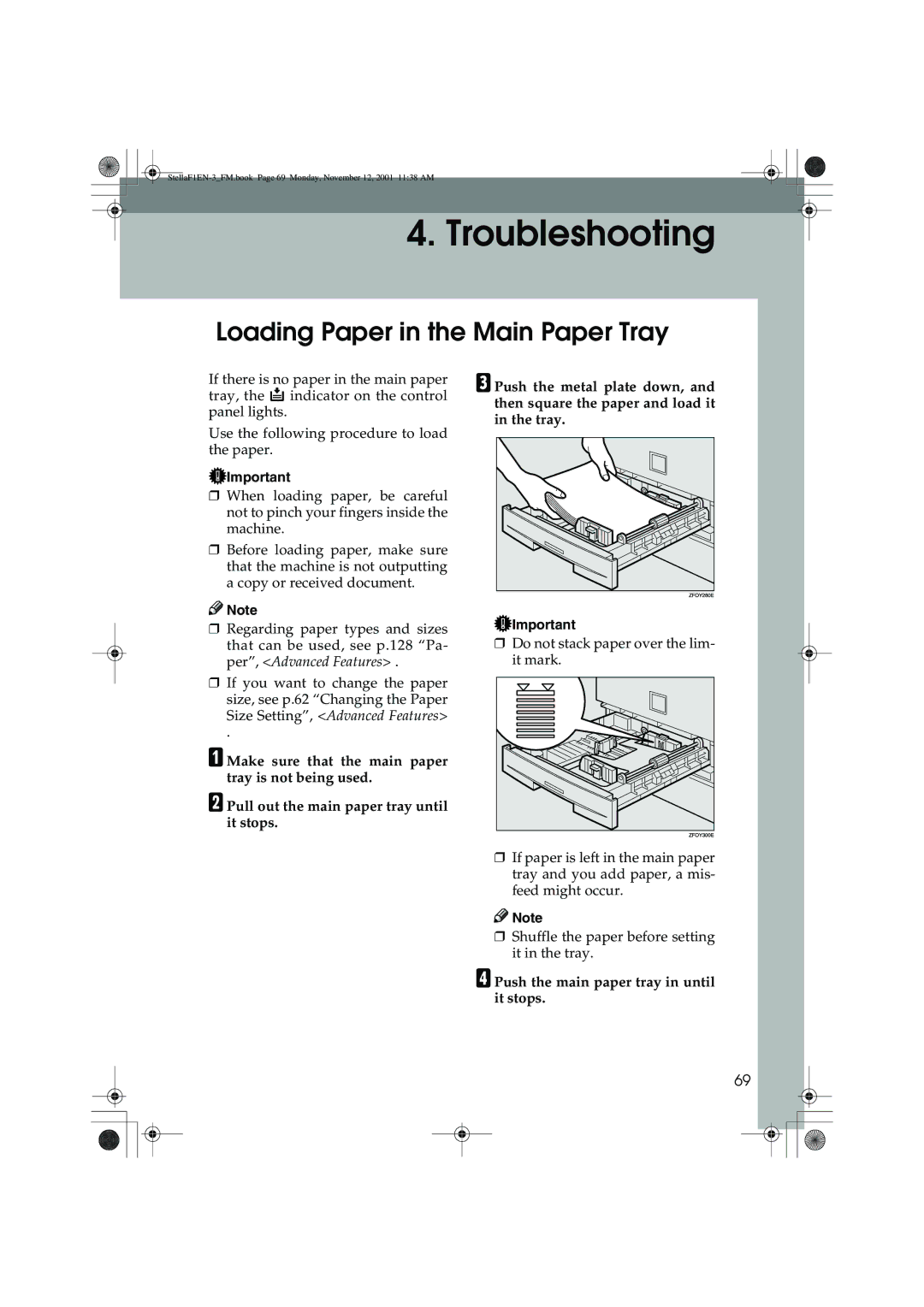 Savin 3310L, LF310, F9103, 3725 manual Loading Paper in the Main Paper Tray, Push the main paper tray in until it stops 