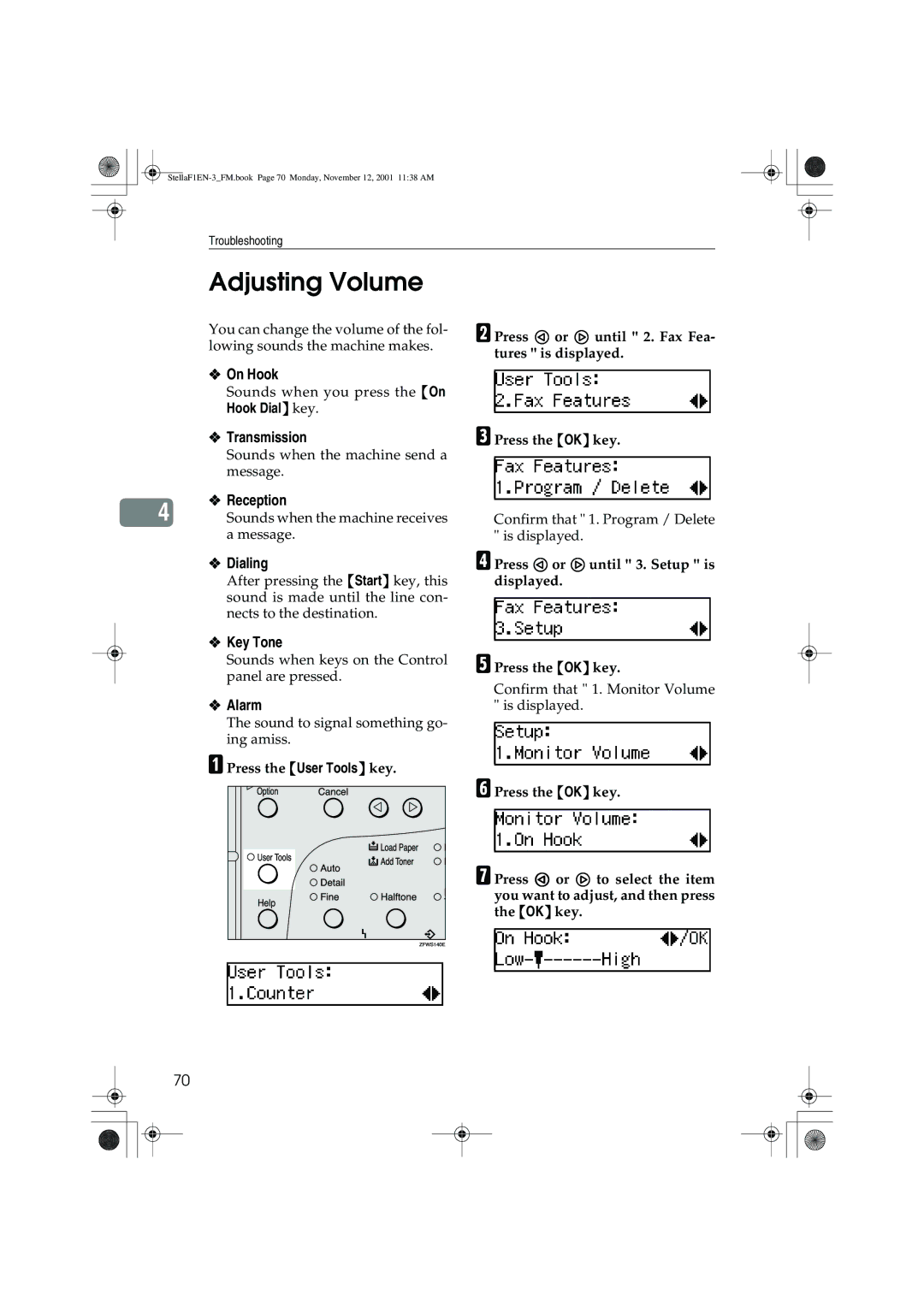 Savin LF310, F9103, 3725, 3310L manual Adjusting Volume 