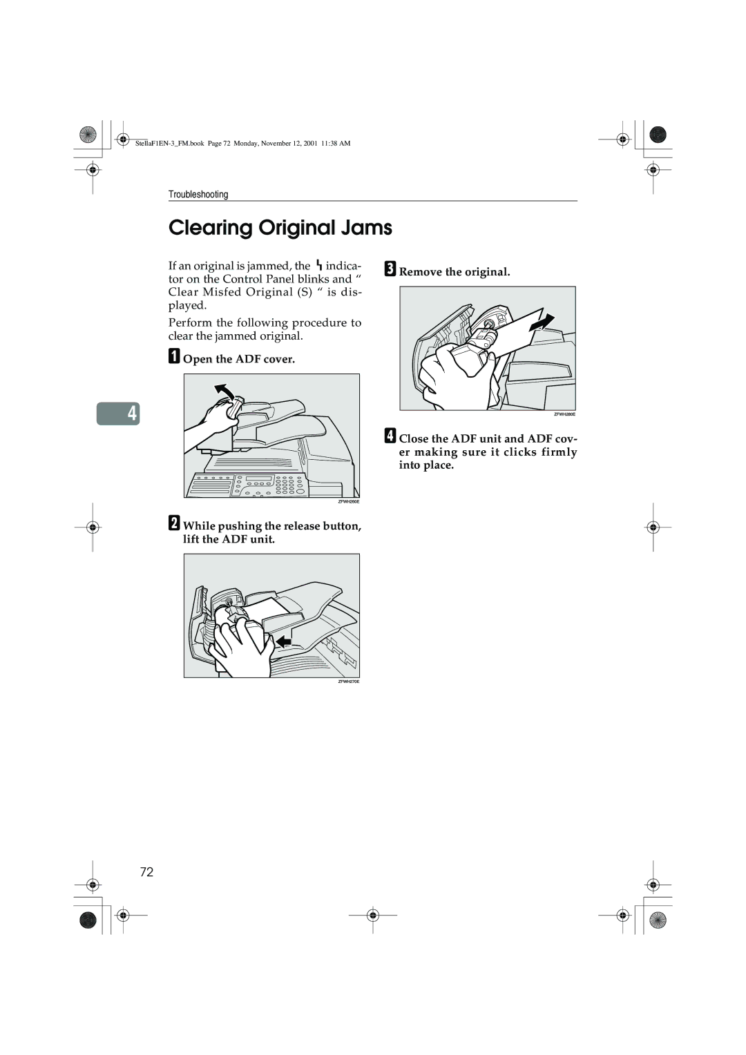 Savin 3725, LF310, F9103, 3310L manual Clearing Original Jams 