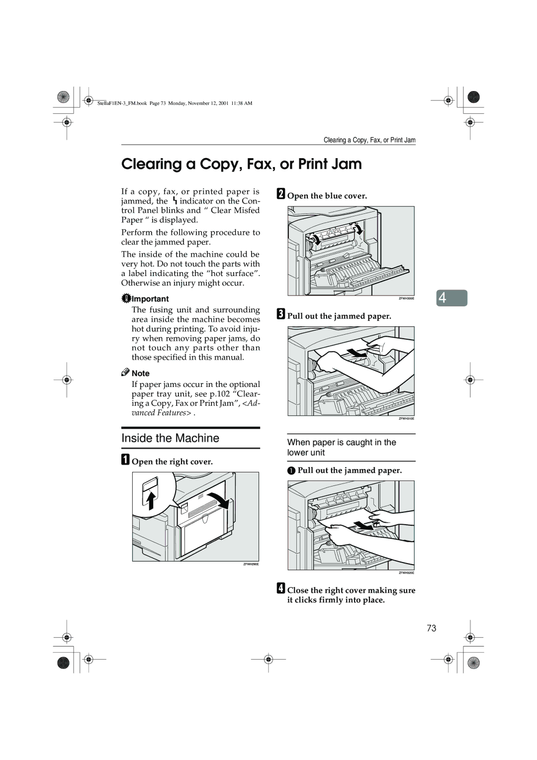 Savin 3310L, LF310, F9103, 3725 manual Clearing a Copy, Fax, or Print Jam, Inside the Machine, Open the blue cover 