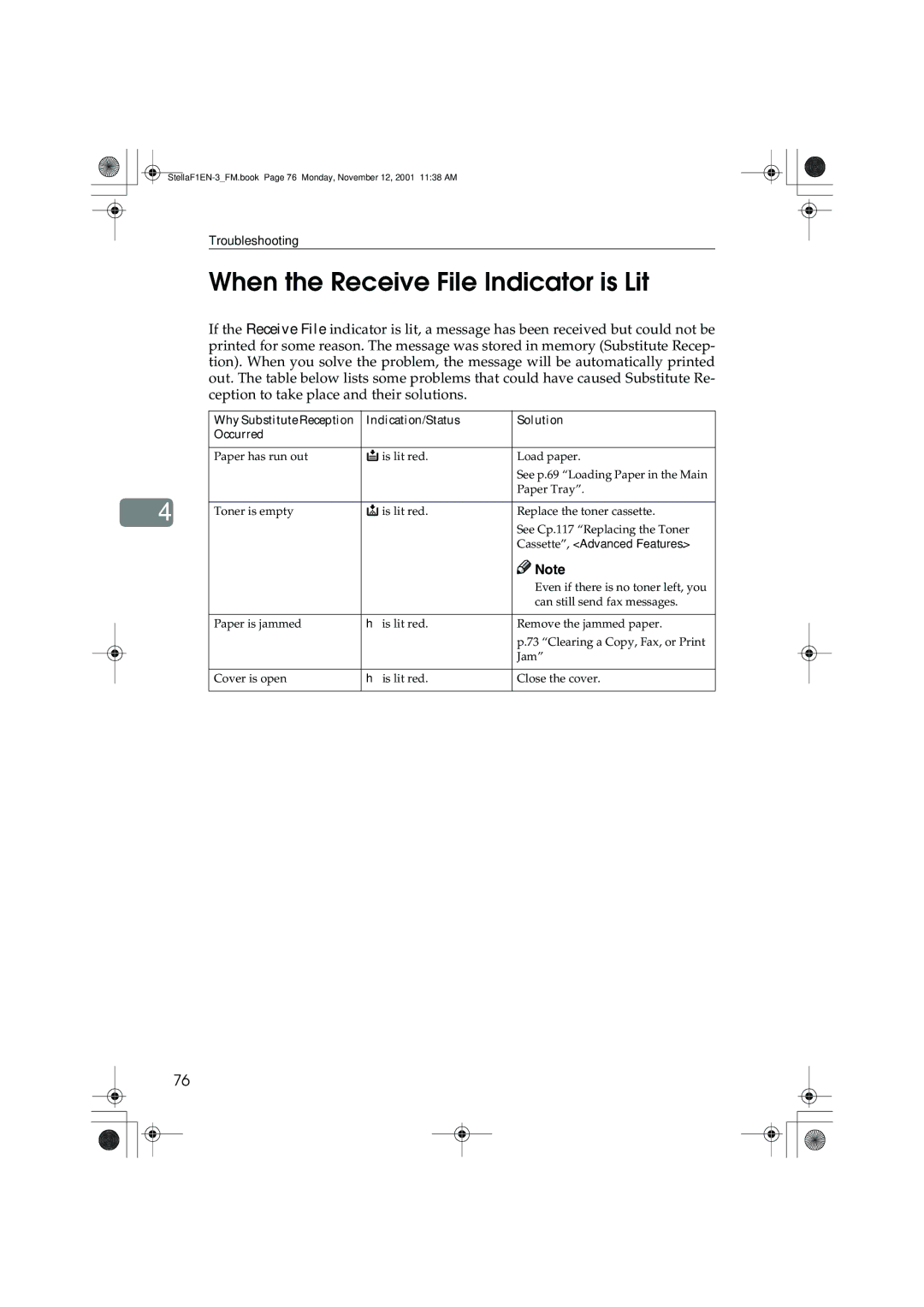 Savin 3725, LF310, F9103, 3310L manual When the Receive File Indicator is Lit, Cassette, Advanced Features 