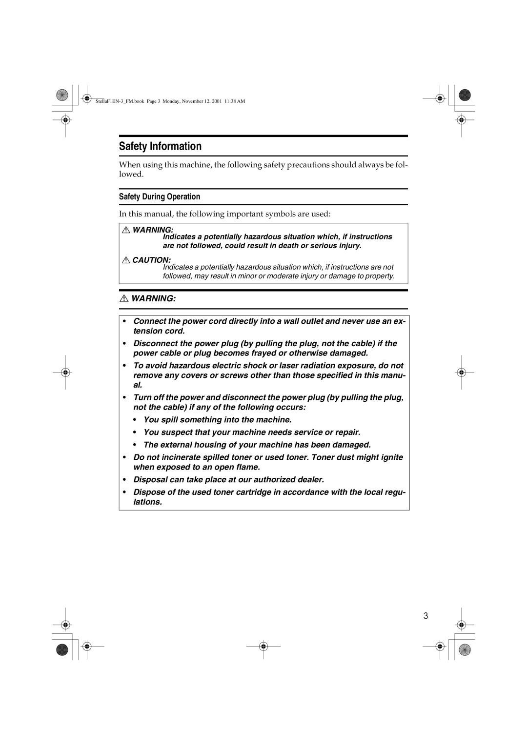 Savin F9103, LF310, 3725, 3310L manual Safety Information, Safety During Operation 