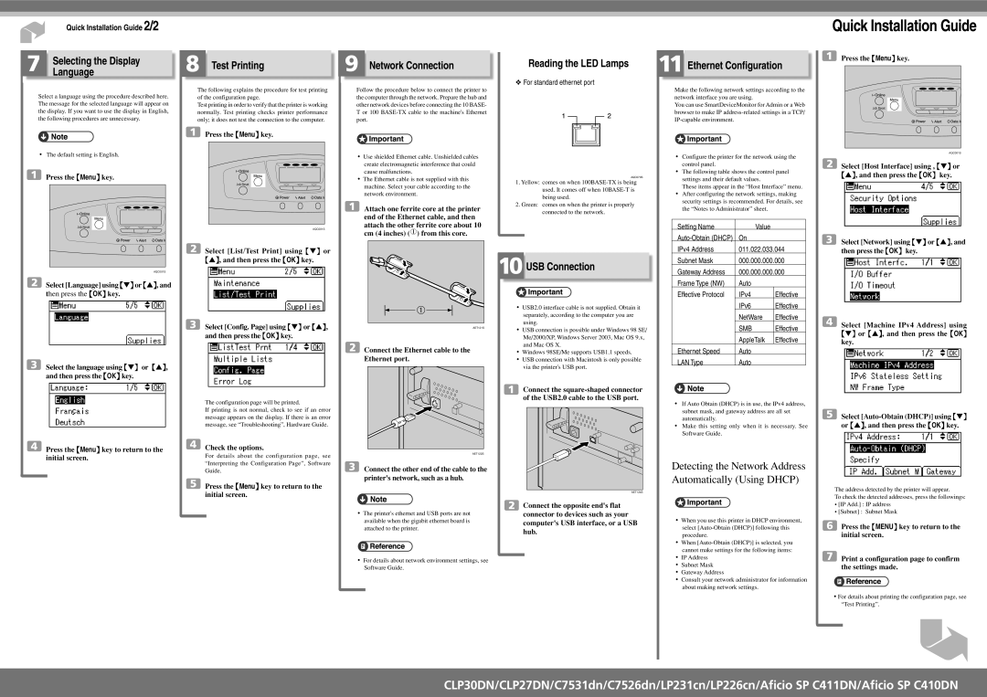 Savin C7531dn Selecting the Display Language, Test Printing, Network Connection, Reading the LED Lamps, USB Connection 