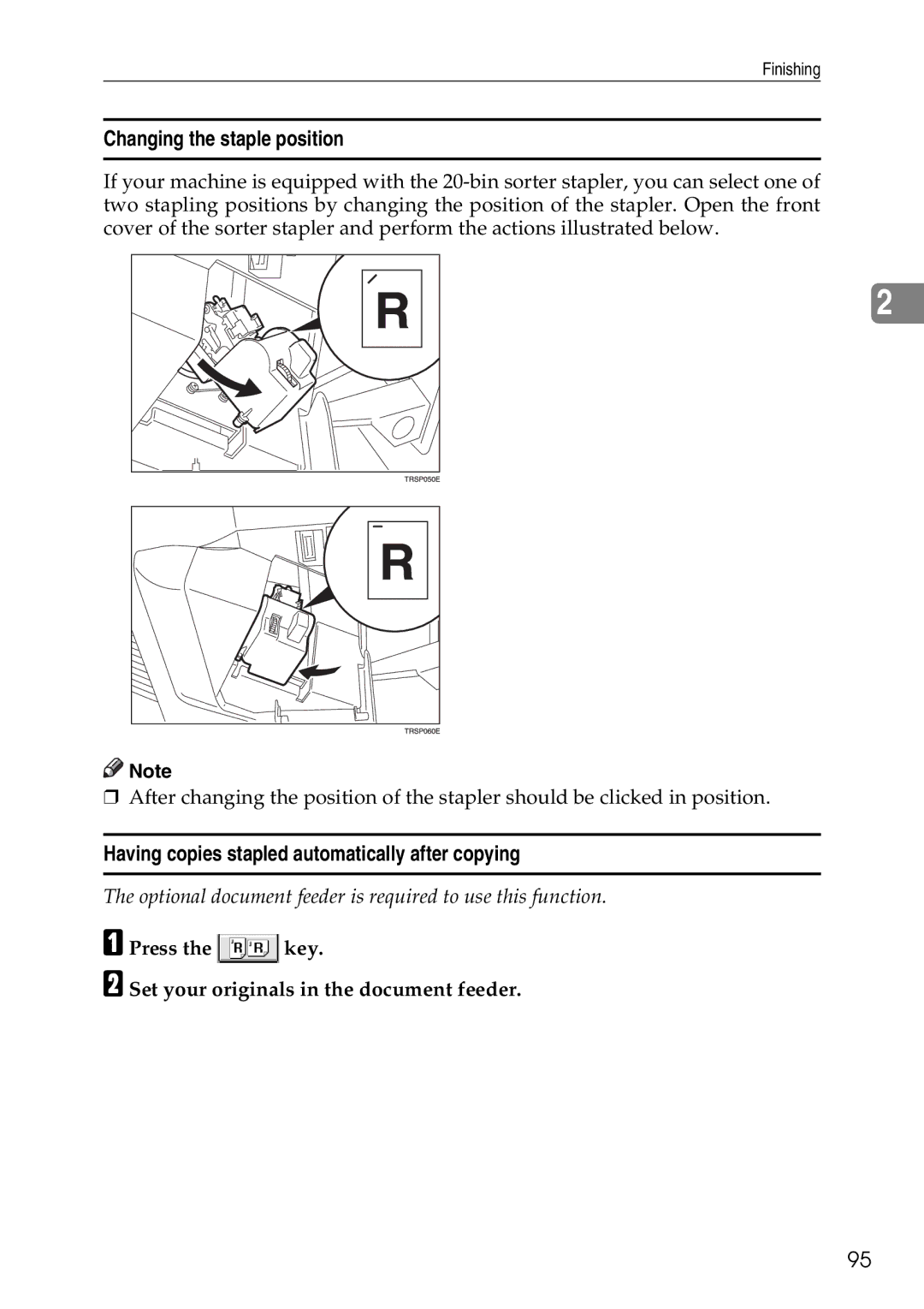 Savin SDC326 manual Changing the staple position, Having copies stapled automatically after copying 