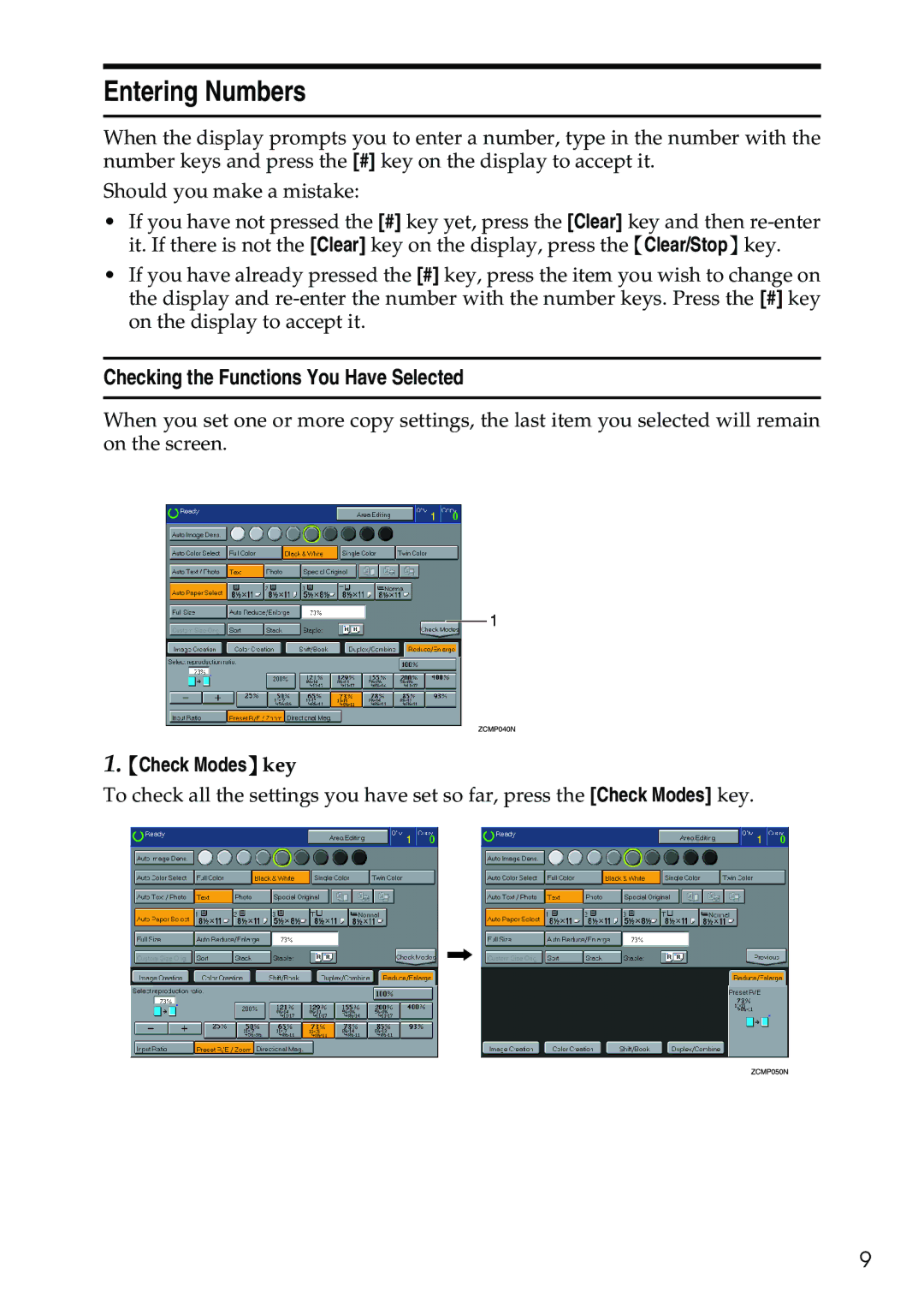 Savin SDC326 manual Entering Numbers, Checking the Functions You Have Selected, Check Modes key 