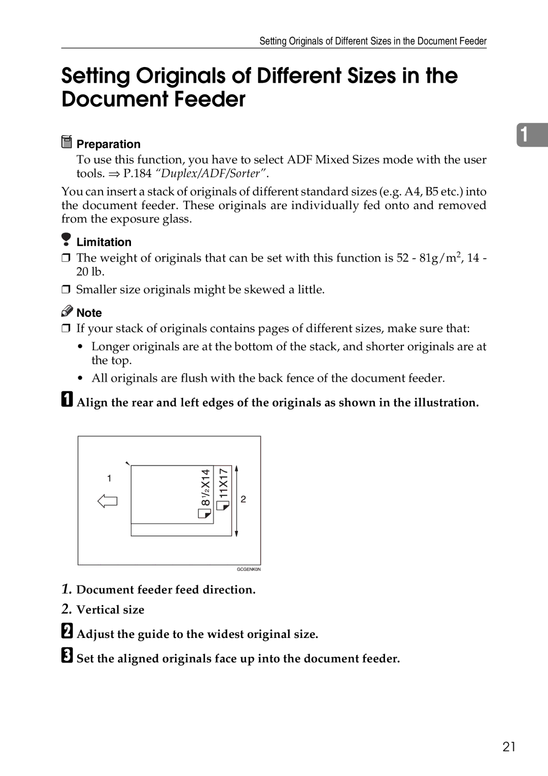 Savin SDC326 manual Setting Originals of Different Sizes in the Document Feeder, Preparation 