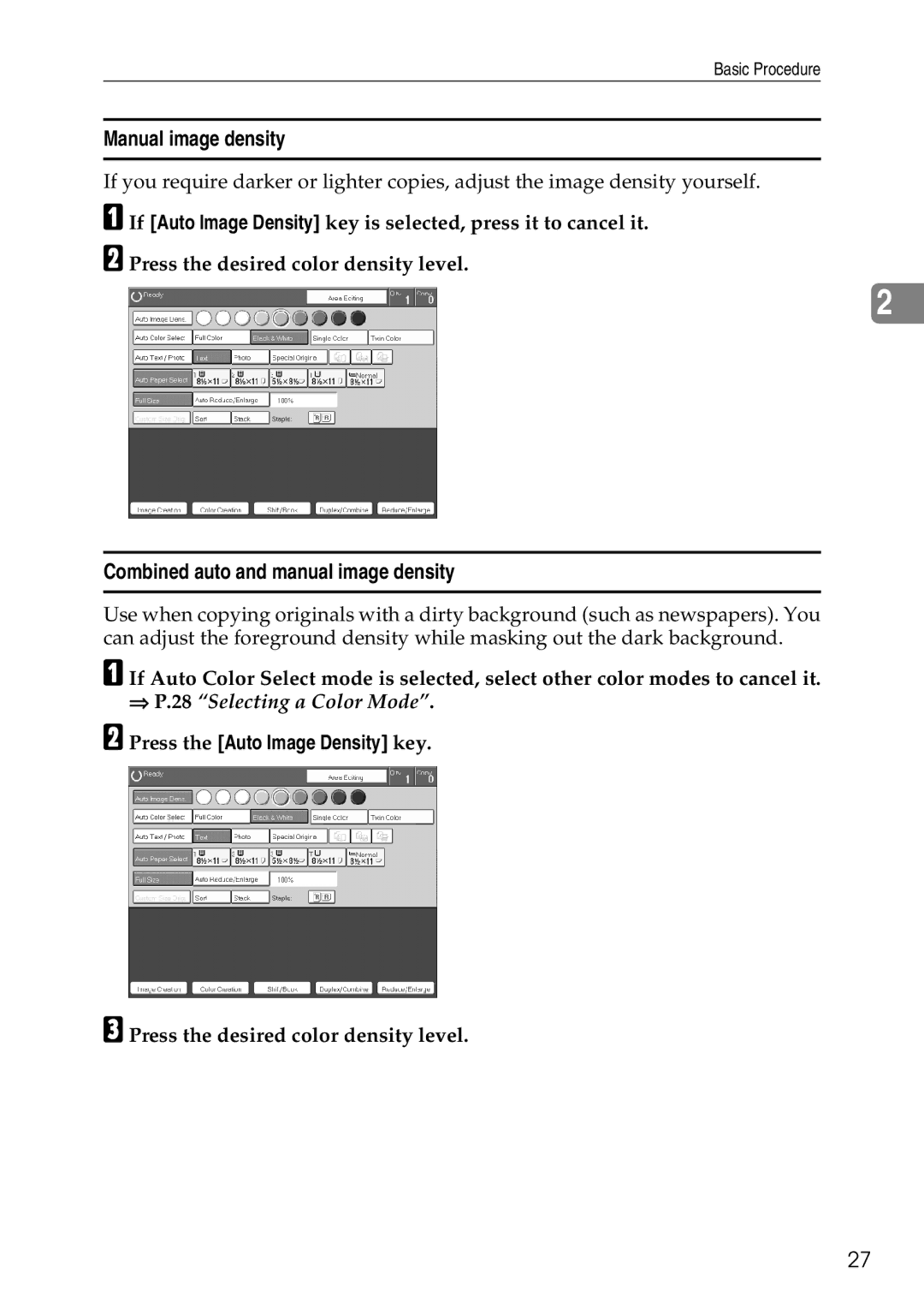 Savin SDC326 Manual image density, Combined auto and manual image density 