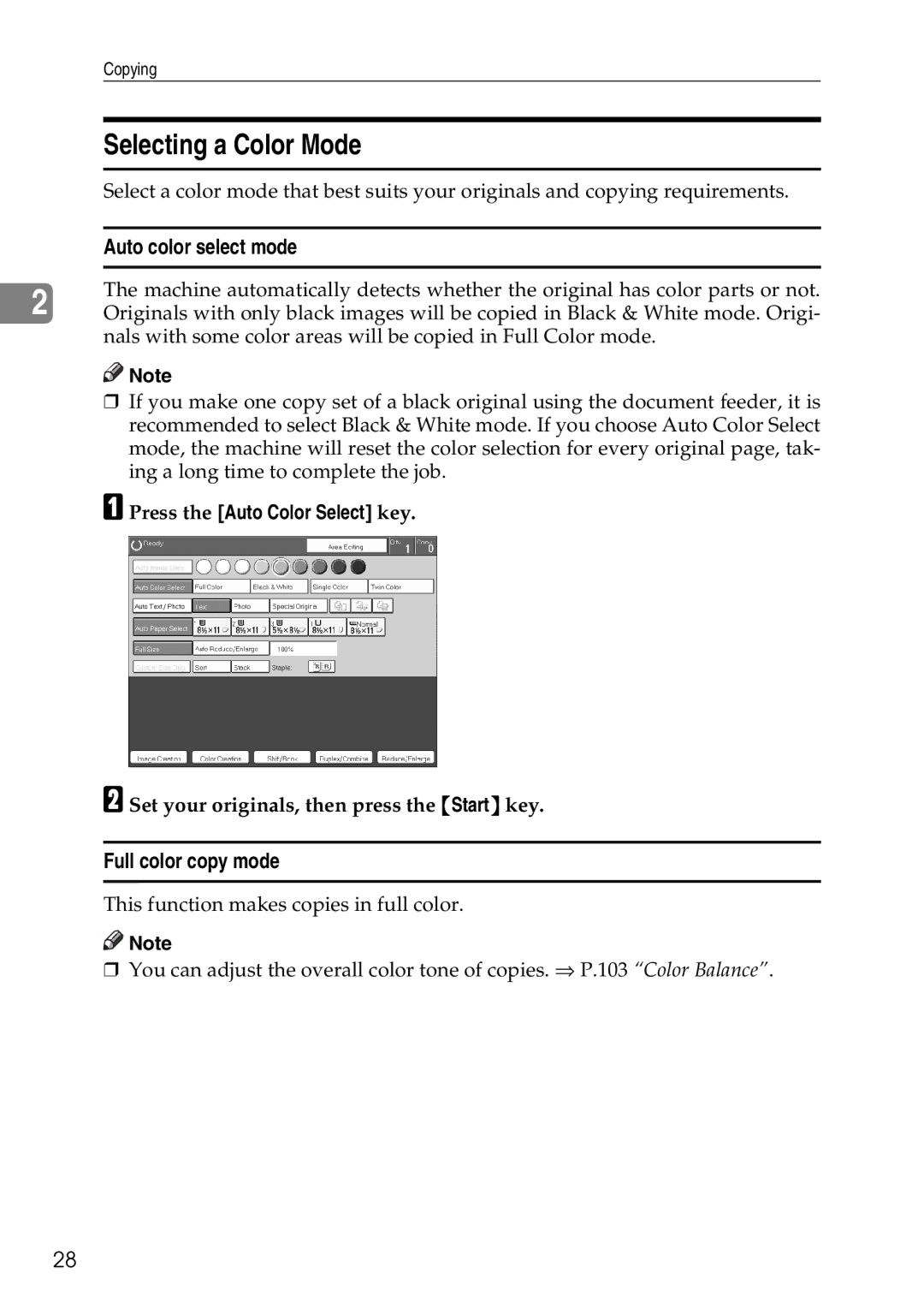 Savin SDC326 manual Selecting a Color Mode, Auto color select mode, Full color copy mode, Press the Auto Color Select key 