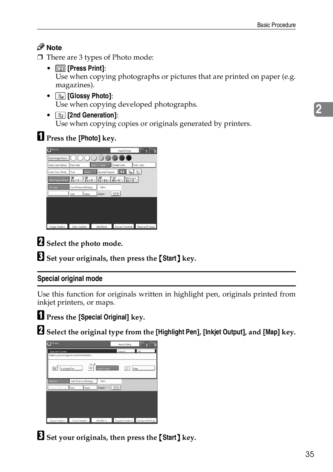 Savin SDC326 manual Special original mode, Press the Special Original key 