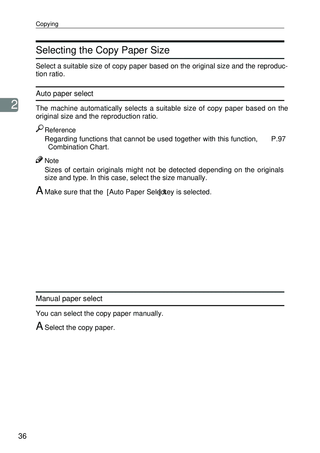 Savin SDC326 manual Selecting the Copy Paper Size, Auto paper select, Manual paper select 