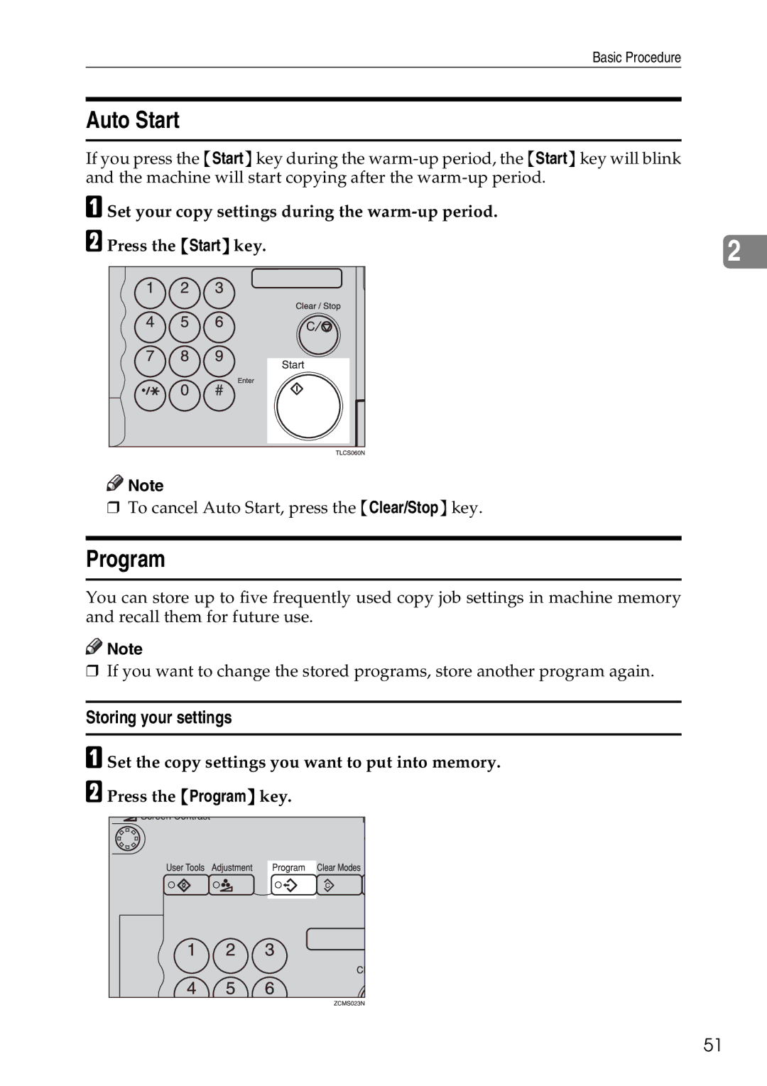 Savin SDC326 manual Auto Start, Program, Storing your settings 