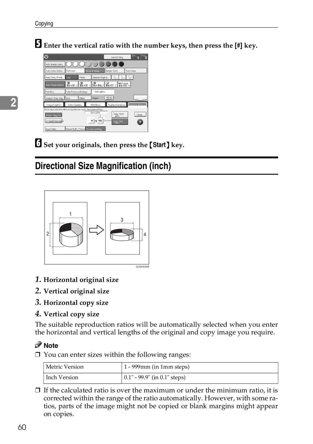 Savin SDC326 manual Directional Size Magnification inch 