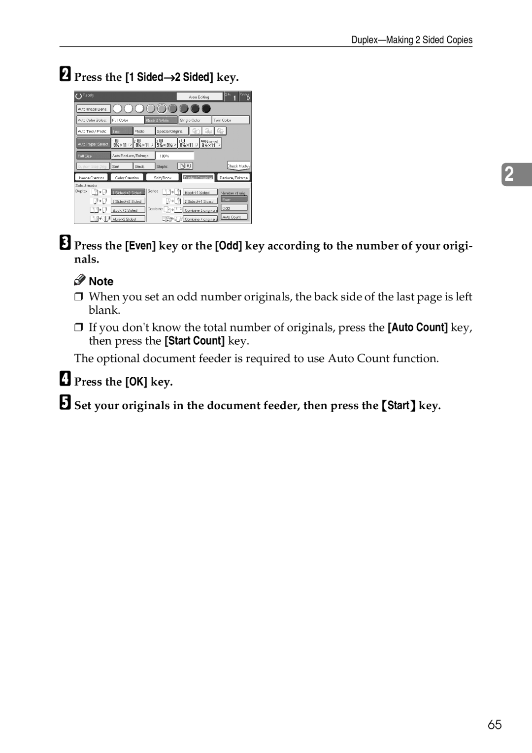 Savin SDC326 manual Press the 1 Sided→2 Sided key 