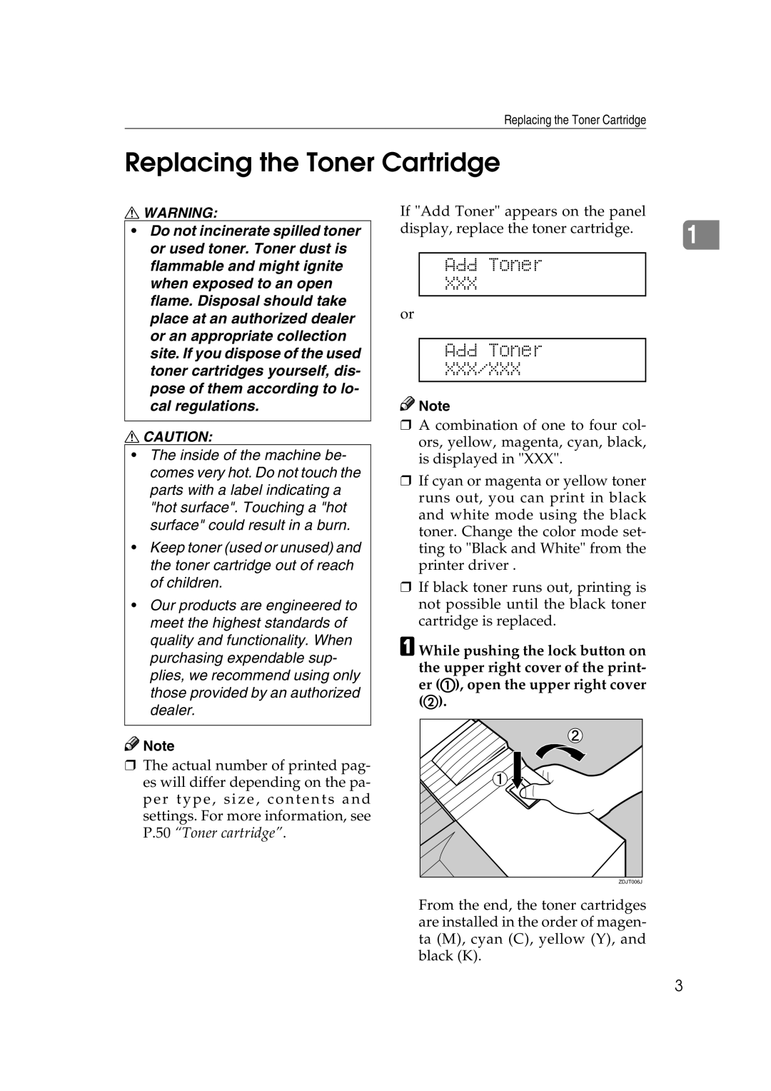 Savin SLP38C manual Replacing the Toner Cartridge, Add Toner 