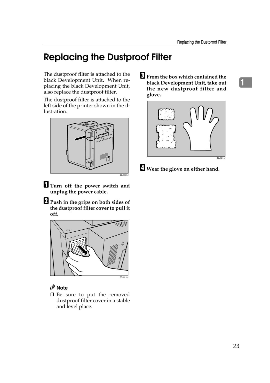 Savin SLP38C manual Replacing the Dustproof Filter, Wear the glove on either hand 