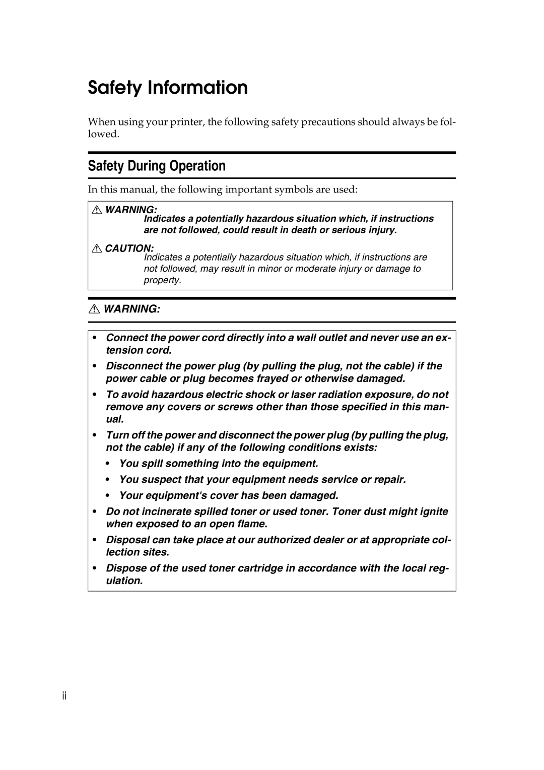 Savin SLP38C manual Safety Information, Safety During Operation 