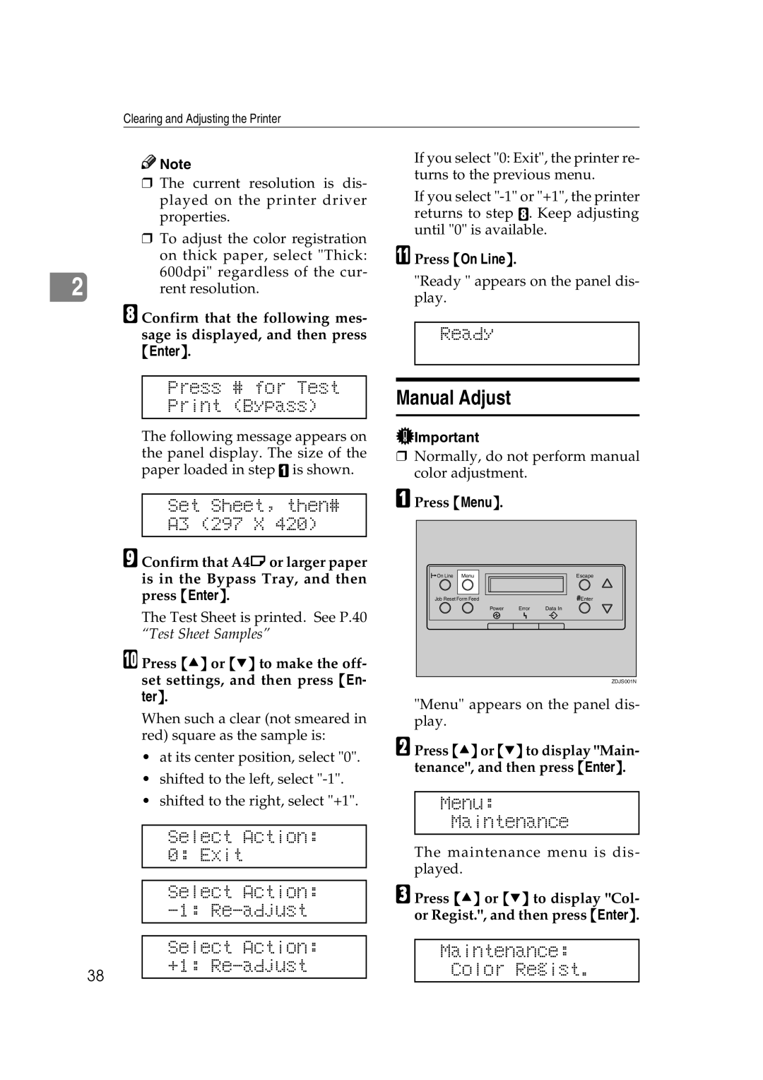 Savin SLP38C manual Press # for Test Print Bypass, Set Sheet, then# A3 297 X, Select Action Exit Re-adjust 