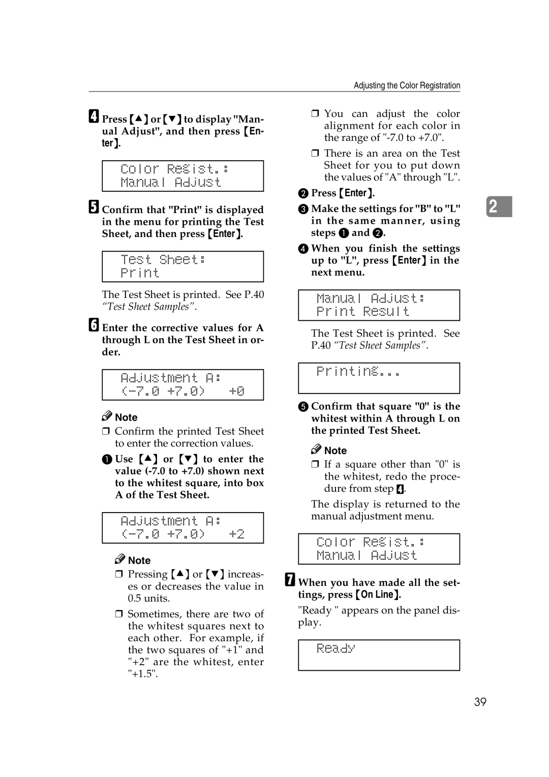 Savin SLP38C Color Regist Manual Adjust, Manual Adjust Print Result, Adjustment a -7.0 +7.0 +0, Adjustment a -7.0 +7.0 +2 