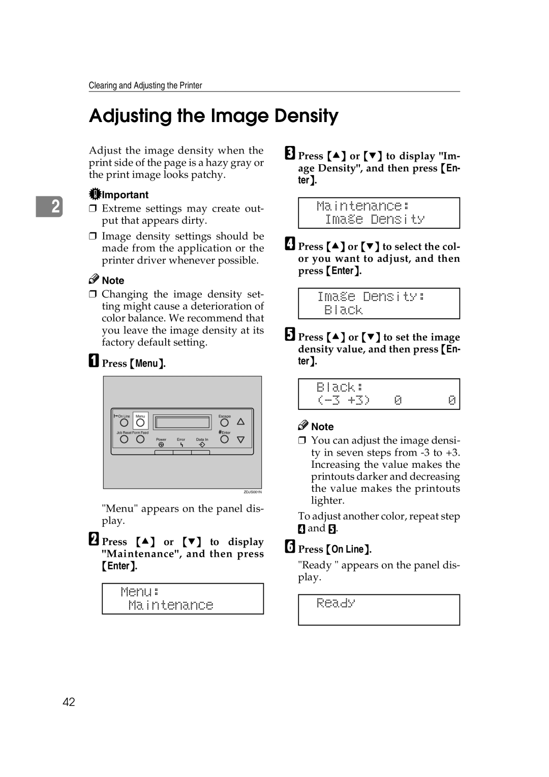 Savin SLP38C manual Adjusting the Image Density, Maintenance Image Density, Image Density Black, Menu Maintenance Ready 