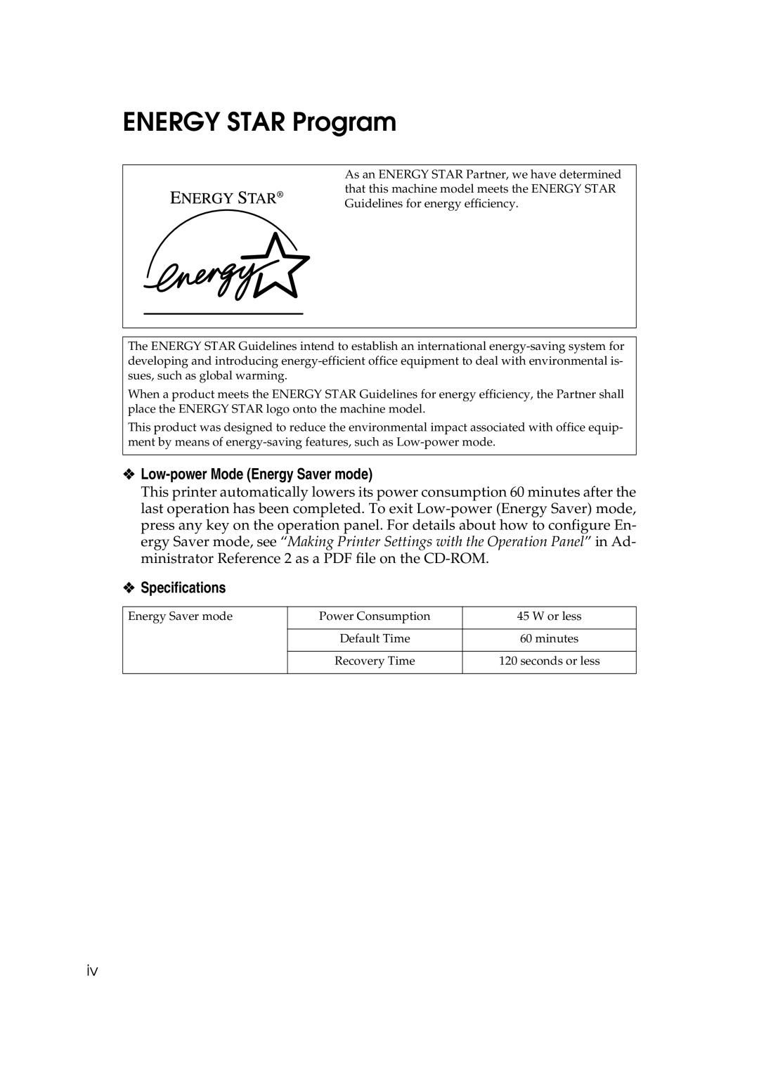 Savin SLP38C manual Energy Star Program, Low-power Mode Energy Saver mode Specifications 