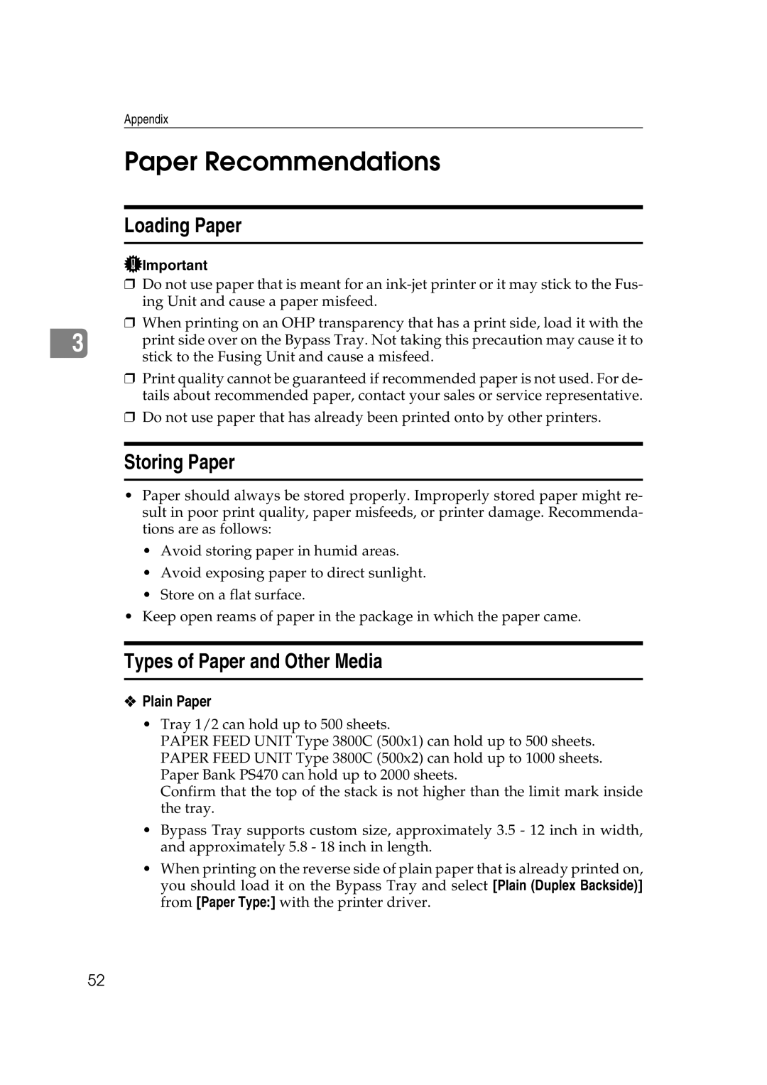 Savin SLP38C manual Paper Recommendations, Plain Paper 