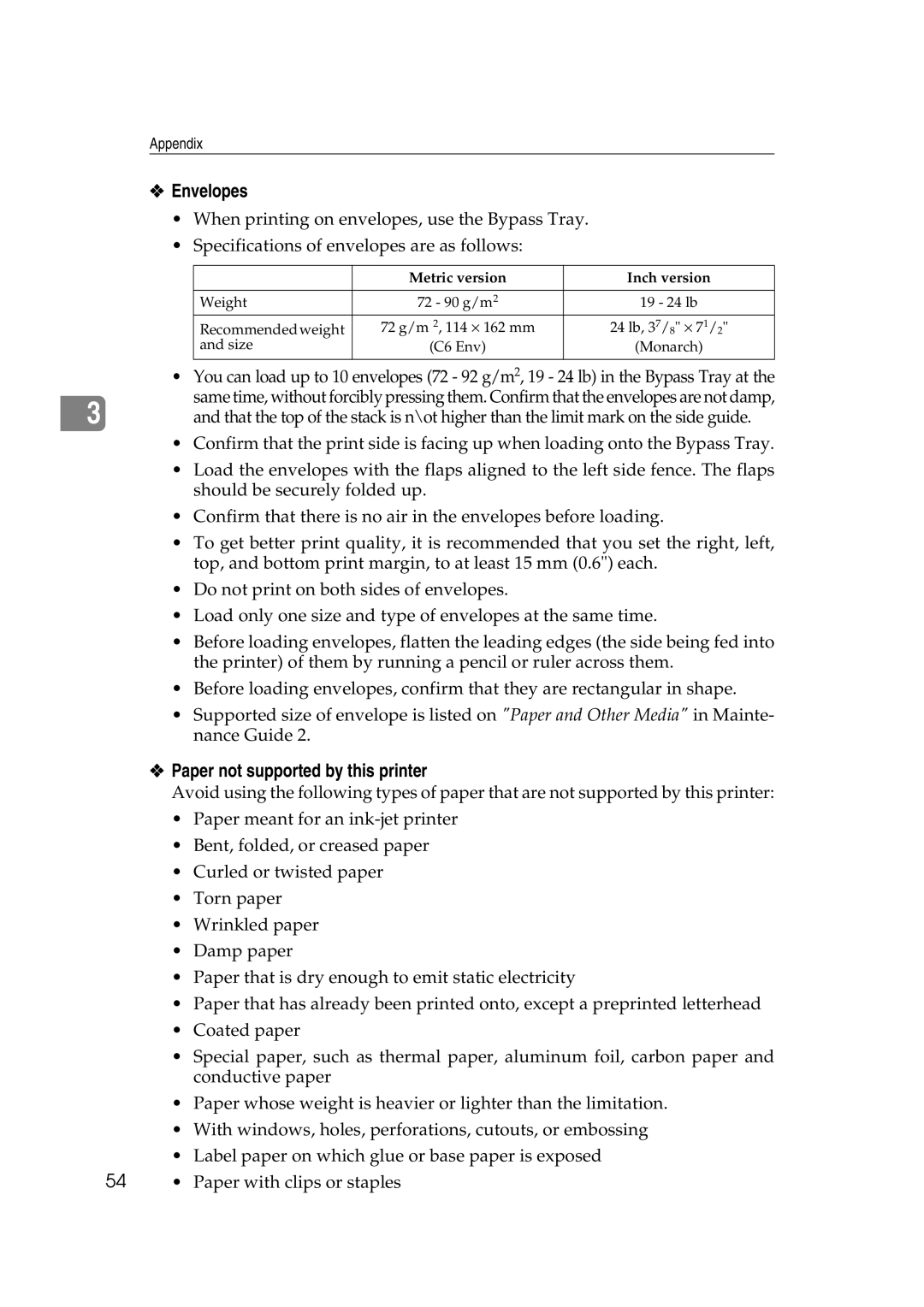 Savin SLP38C manual Envelopes, Paper not supported by this printer 