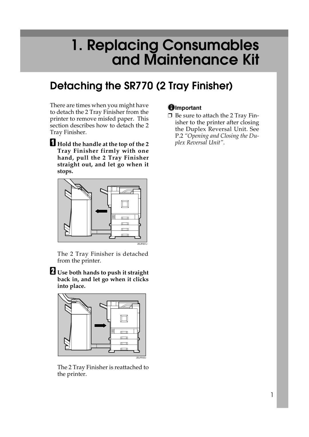 Savin SLP38C manual Replacing Consumables and Maintenance Kit, Detaching the SR770 2 Tray Finisher 