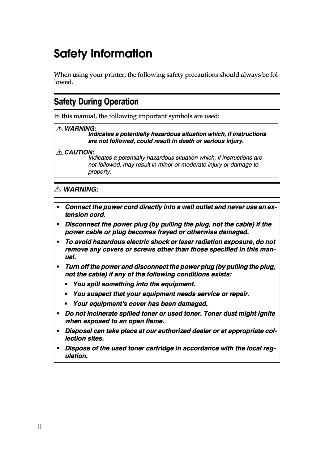 Savin SLP38C manual Safety Information, Safety During Operation, R Warning 