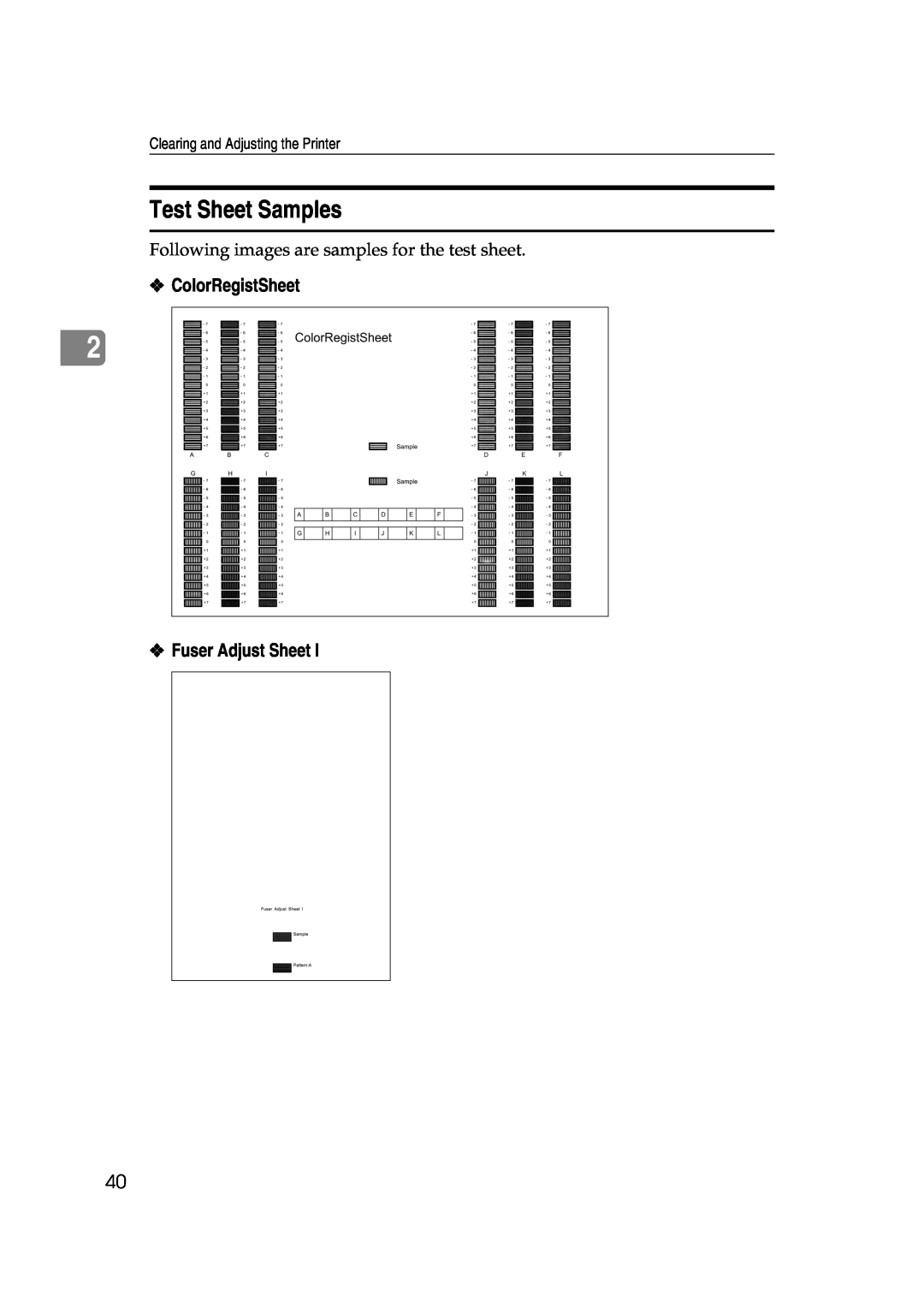 Savin SLP38C manual Test Sheet Samples, ColorRegistSheet, Fuser Adjust Sheet, Clearing and Adjusting the Printer 