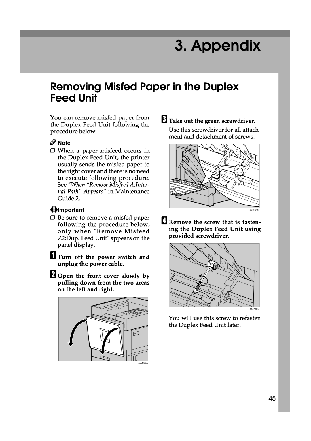 Savin SLP38C manual Appendix, Removing Misfed Paper in the Duplex Feed Unit 