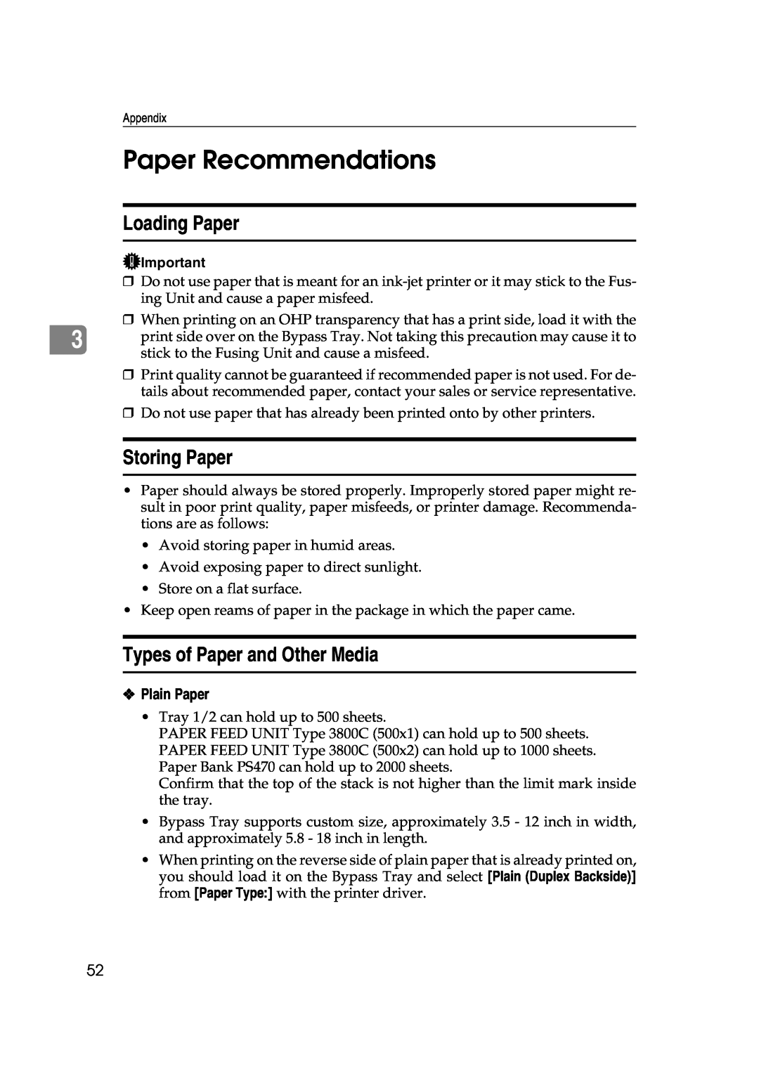 Savin SLP38C manual Paper Recommendations, Loading Paper, Storing Paper, Types of Paper and Other Media 