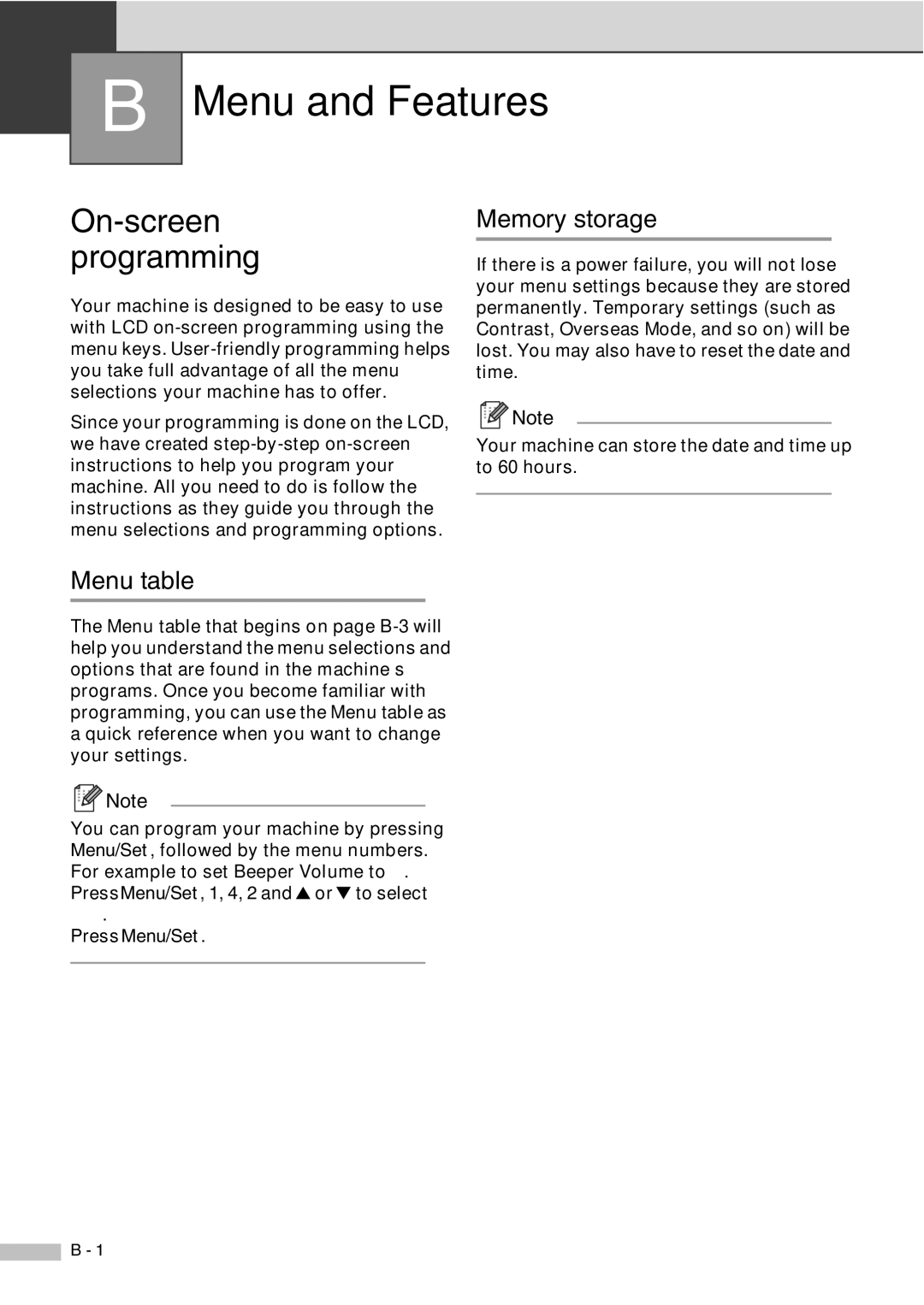 Savin SPC210SF manual Menu and Features, On-screen programming, Memory storage, Menu table 