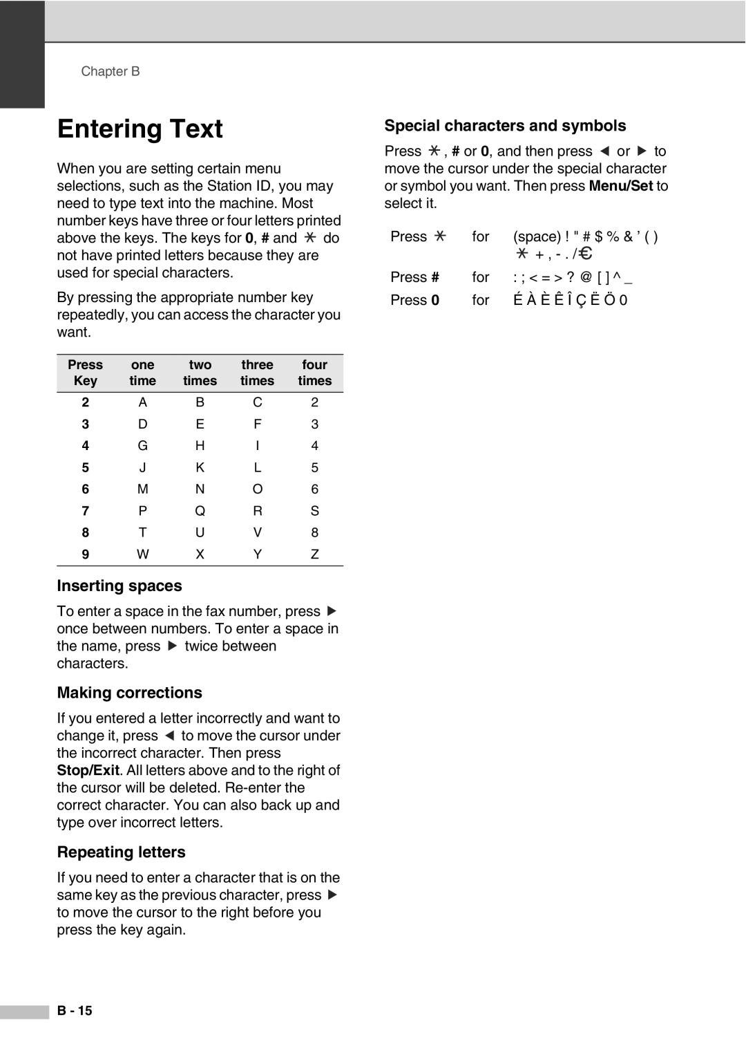 Savin SPC210SF Entering Text, Inserting spaces, Making corrections, Repeating letters, Special characters and symbols 