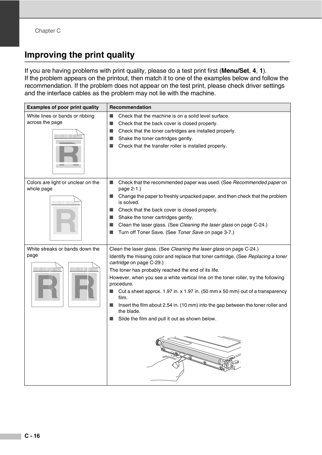 Savin SPC210SF manual Improving the print quality, Examples of poor print quality Recommendation 