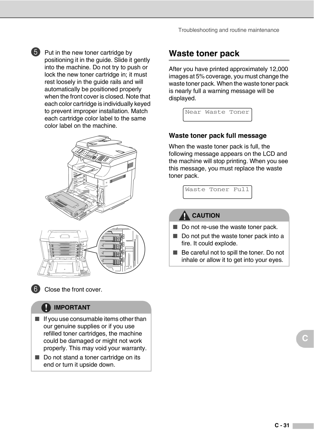 Savin SPC210SF manual Waste toner pack full message 