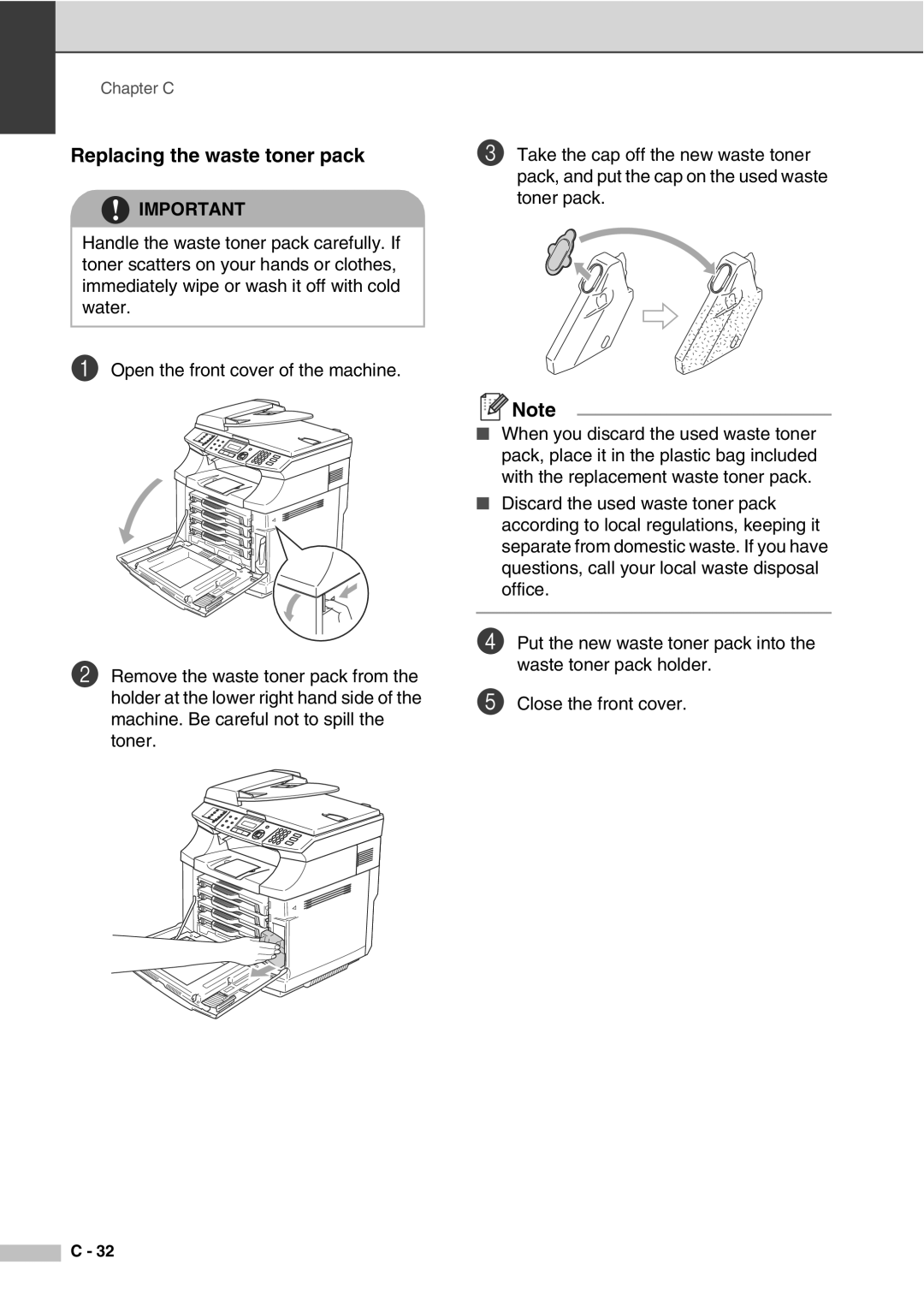 Savin SPC210SF manual Replacing the waste toner pack 